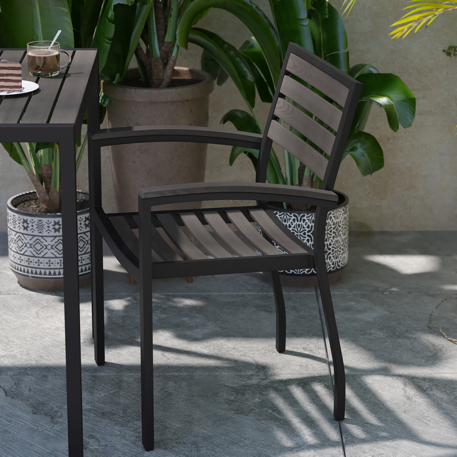 BLNK Lark Commercial Outdoor Black Aluminum Stackable Faux Side Patio Chairs Set of 2 - Gray Wash