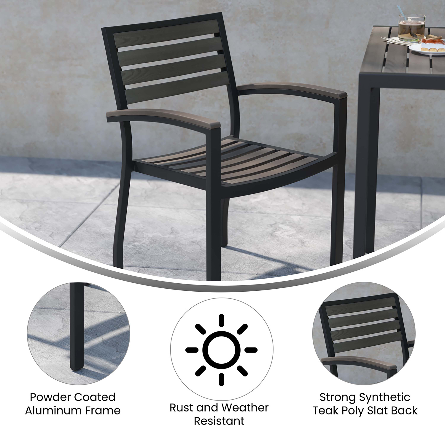 BLNK Lark Commercial Outdoor Black Aluminum Stackable Faux Side Patio Chairs Set of 2 - Gray Wash