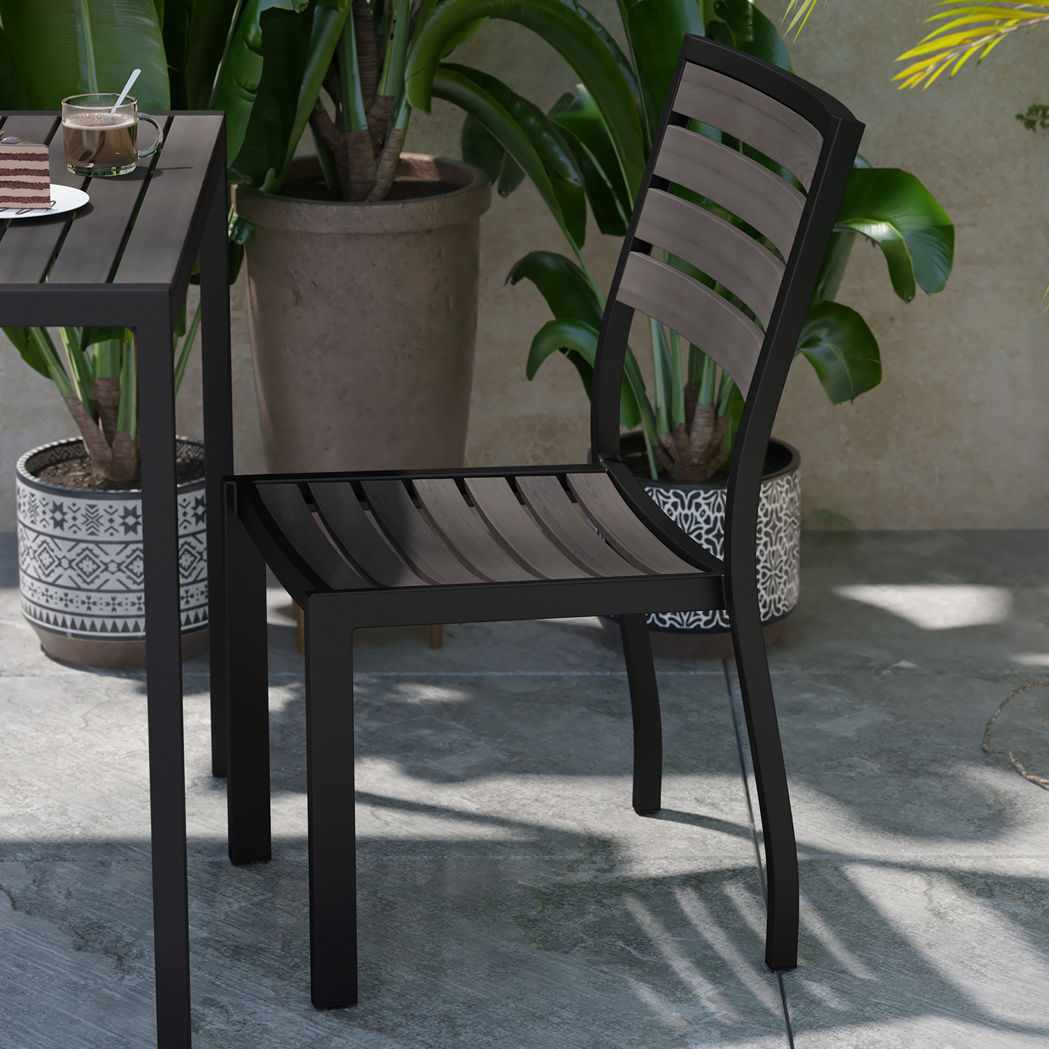 BLNK - Lark Outdoor Black Aluminum Stackable Faux Teak Side Chair Set of 2