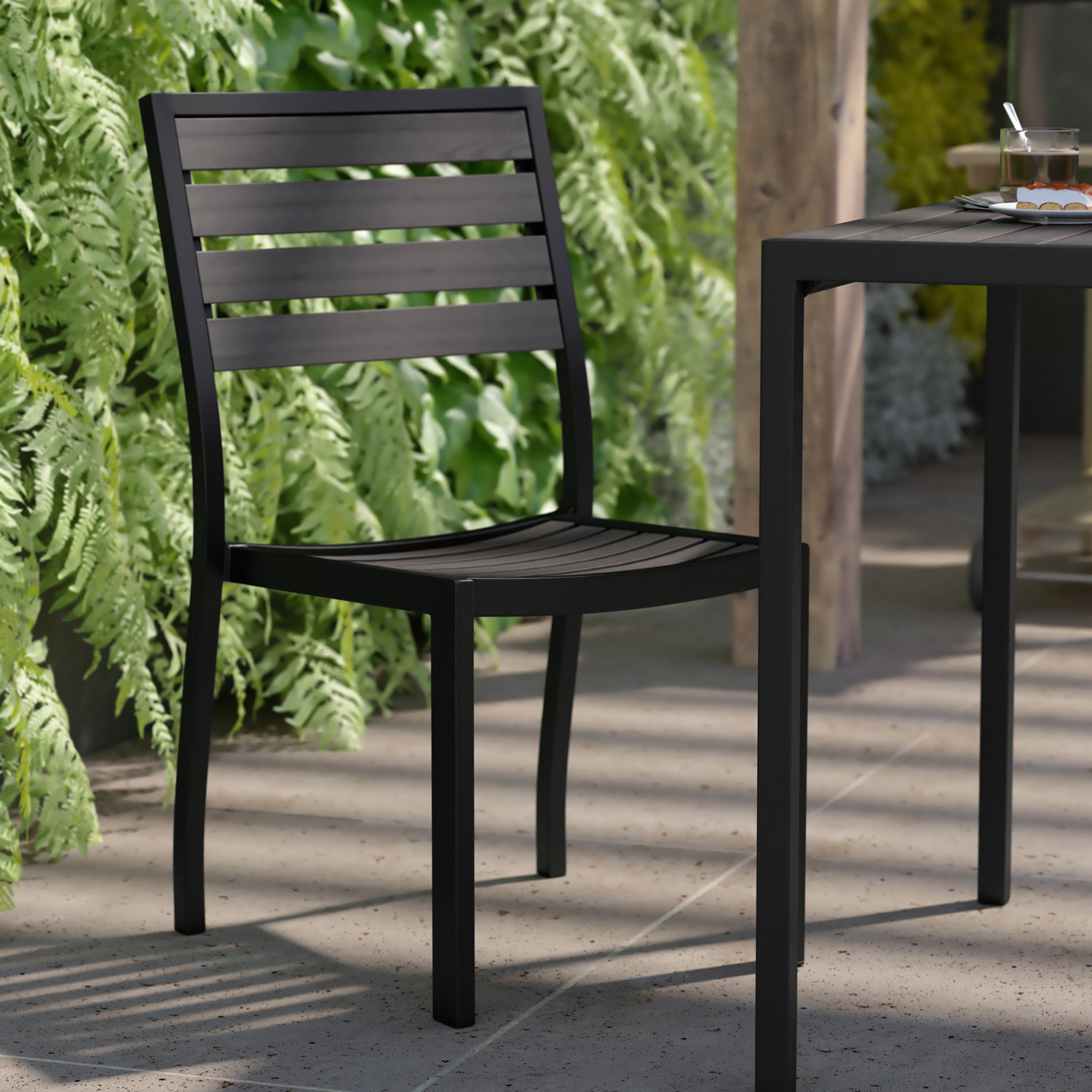 BLNK - Lark Outdoor Black Aluminum Stackable Faux Teak Side Chair Set of 2