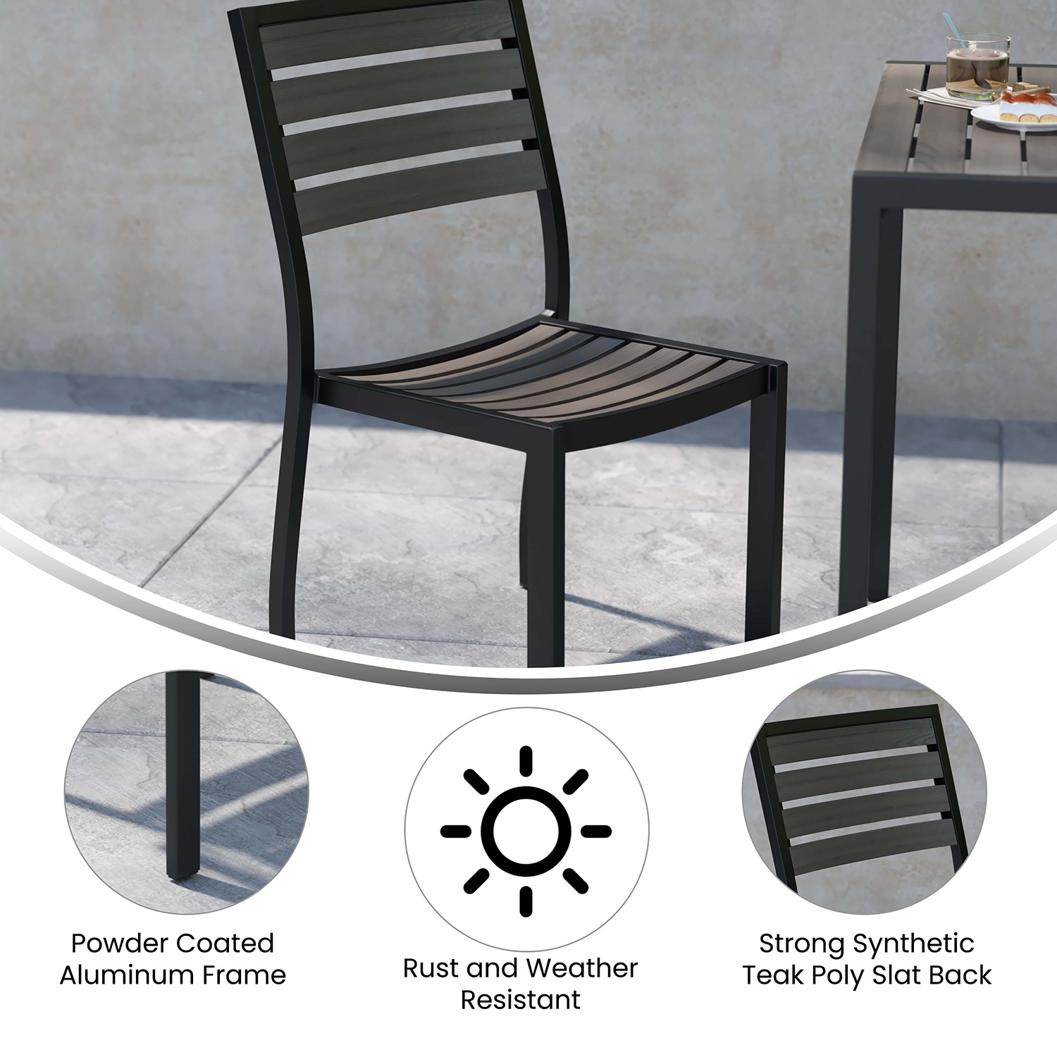 BLNK - Lark Outdoor Black Aluminum Stackable Faux Teak Side Chair Set of 2