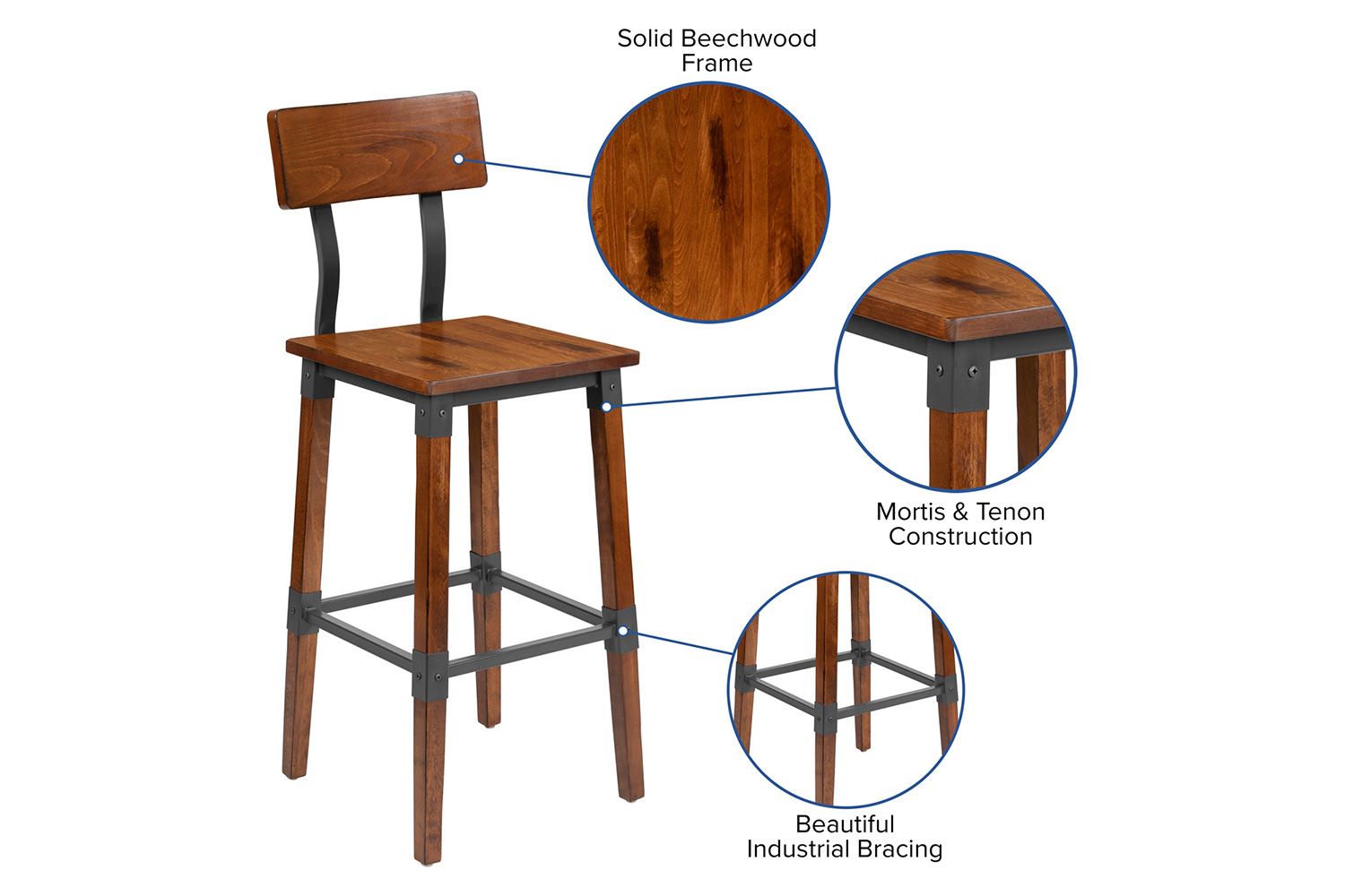 BLNK - Jackson Rustic Antique Walnut Industrial Wood Dining Bar Stool 2 Pack