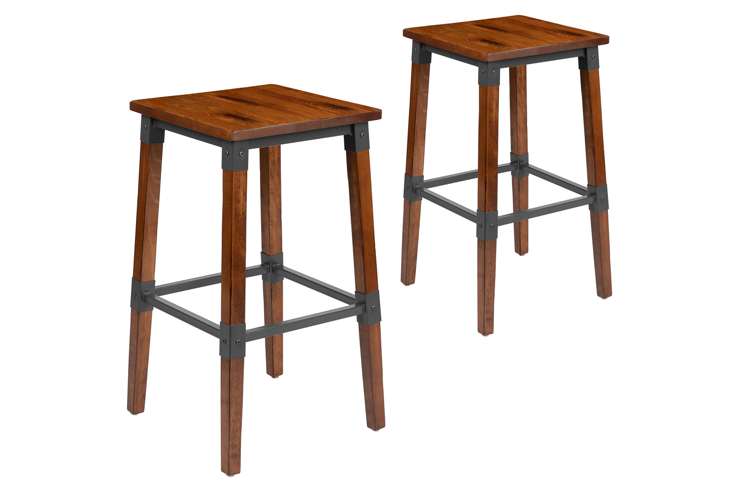 BLNK - Jackson Wood Rustic Antique Walnut Industrial Dining Backless Bar Stool 2 Pack