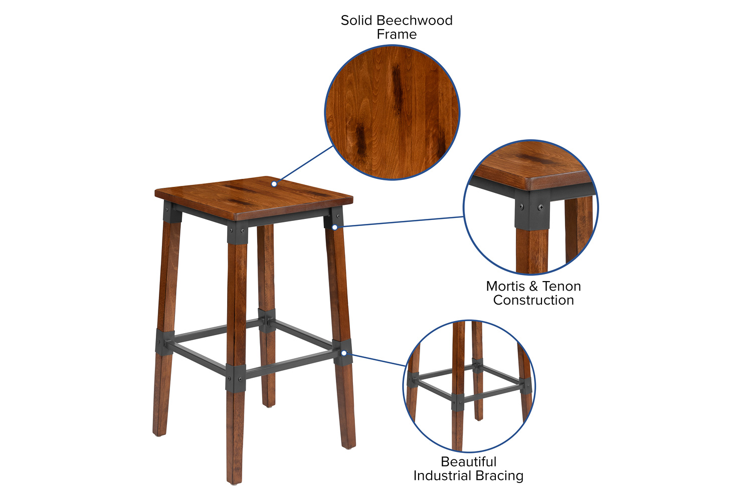 BLNK - Jackson Wood Rustic Antique Walnut Industrial Dining Backless Bar Stool 2 Pack