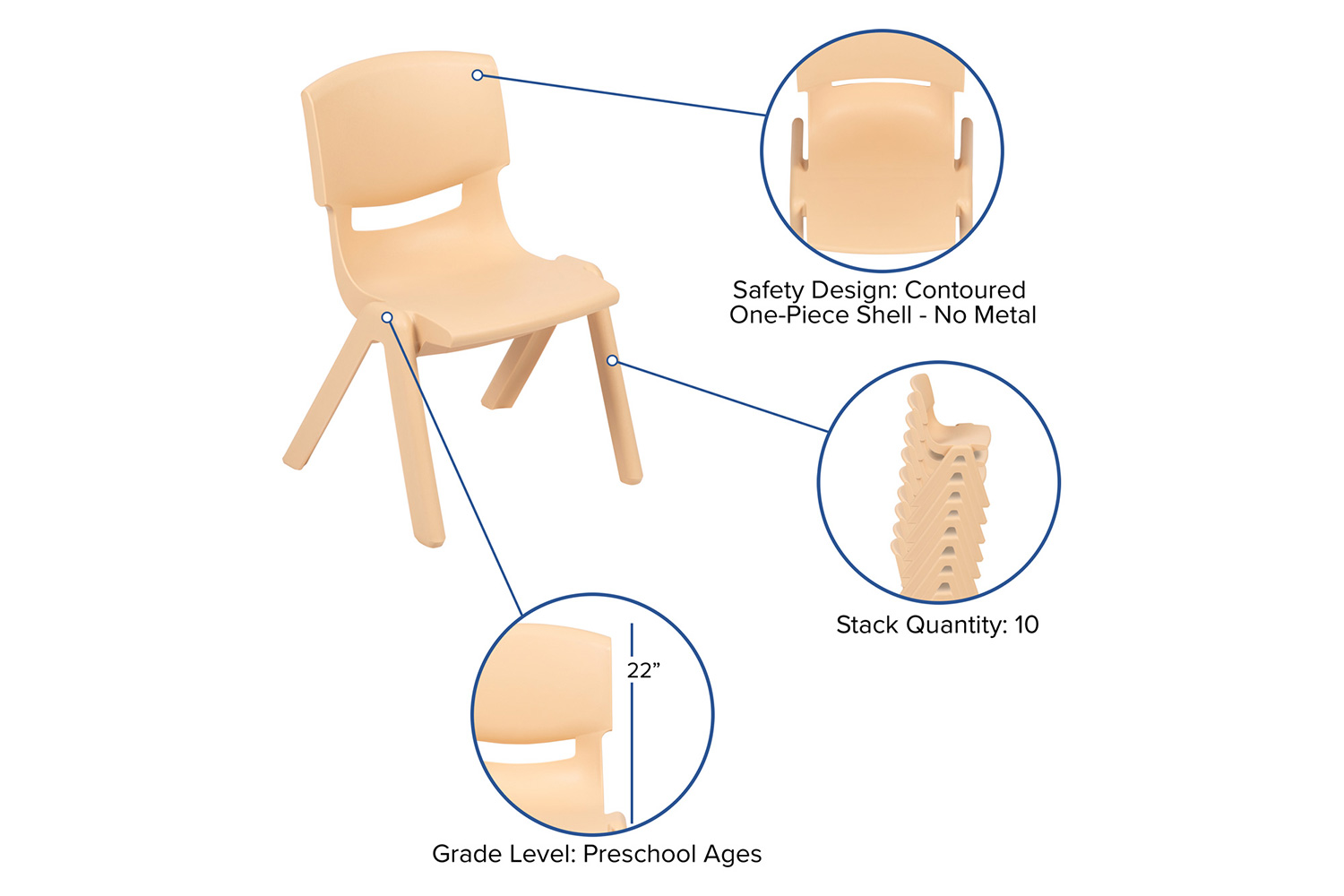 BLNK™ Whitney Plastic Stackable School Chair 2 Pack - Natural, 12"H Seat