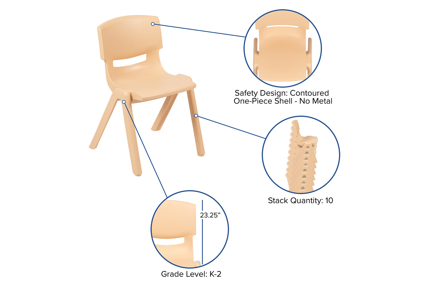 BLNK™ Whitney Plastic Stackable School Chair 2 Pack - Natural, 13.25"H Seat