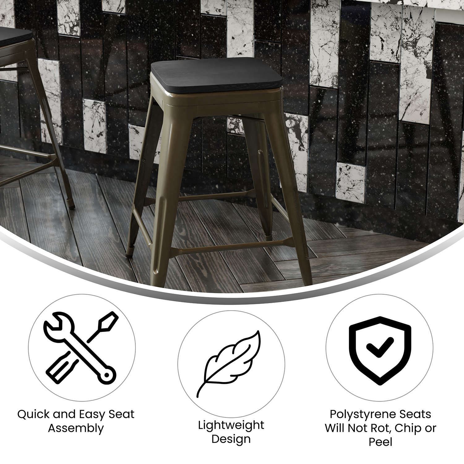 BLNK Cierra Commercial Metal Backless Indoor Counter Height Stools with All-Weather Poly Resin Seats Set of 4 - Gunmetal