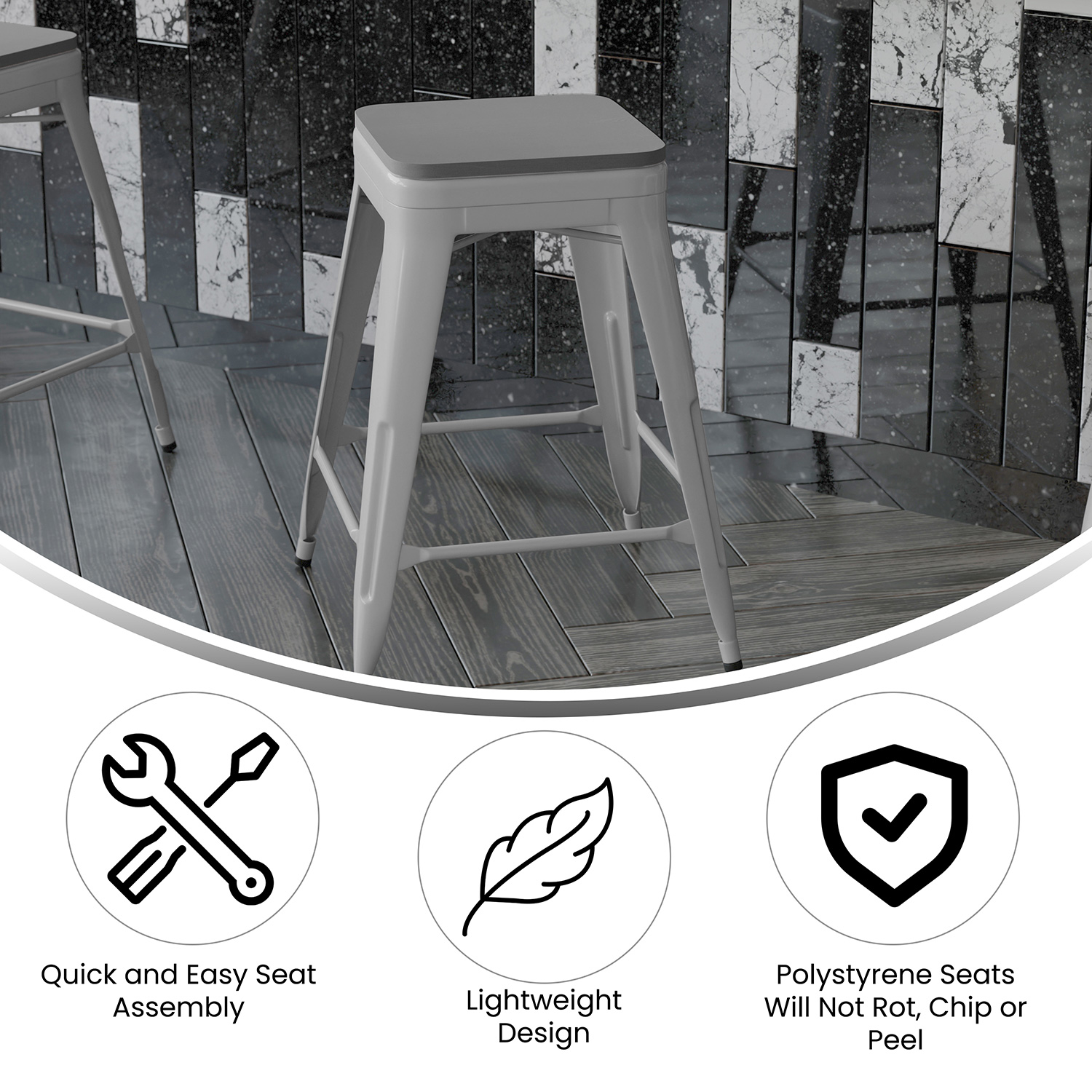 BLNK Cierra Commercial Metal Backless Indoor Counter Height Stools with All-Weather Poly Resin Seats Set of 4 - Silver