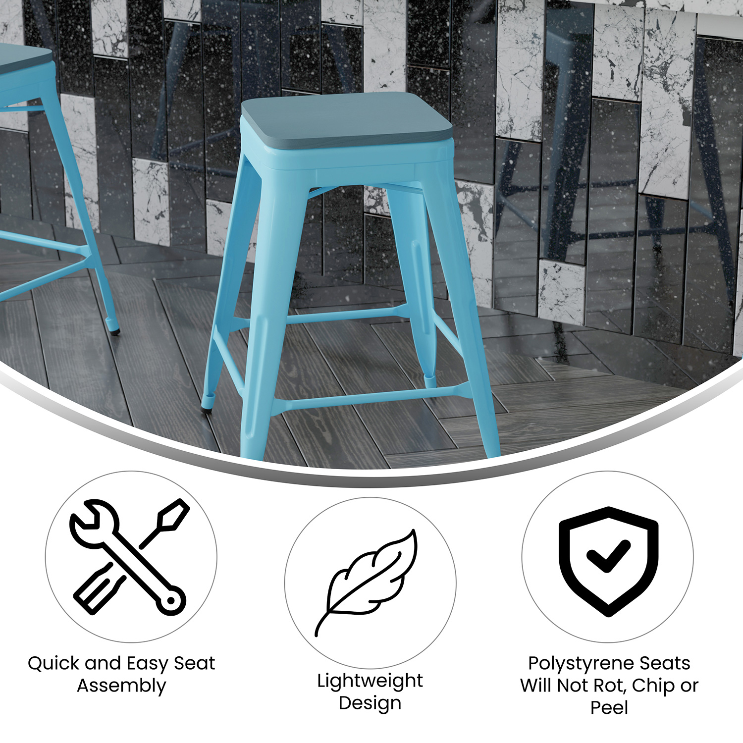 BLNK Cierra Commercial Metal Backless Indoor Counter Height Stools with All-Weather Poly Resin Seats Set of 4 - Teal