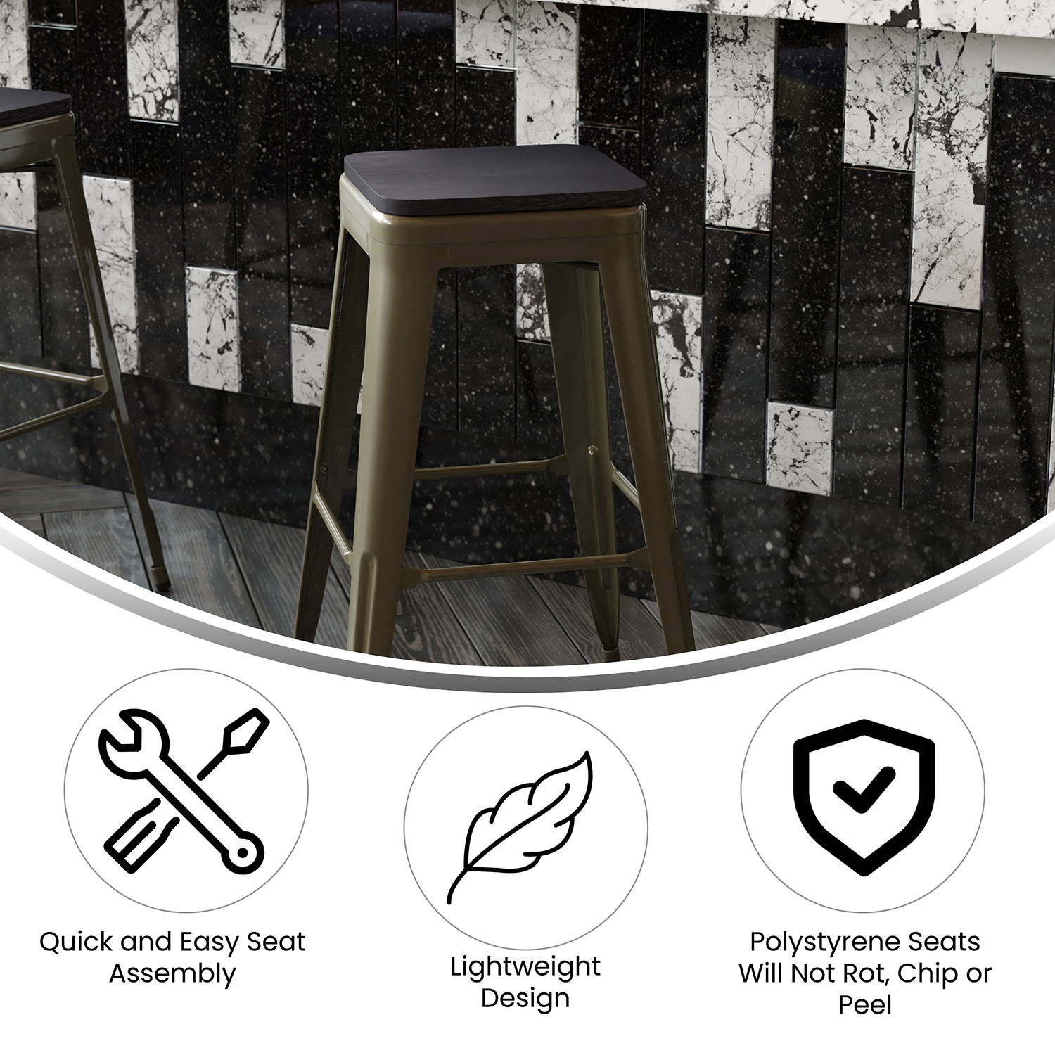 BLNK Cierra Commercial All-Weather Backless Indoor Bar Height Stools with Poly Resin Seats Set of 4 - Gunmetal/Black