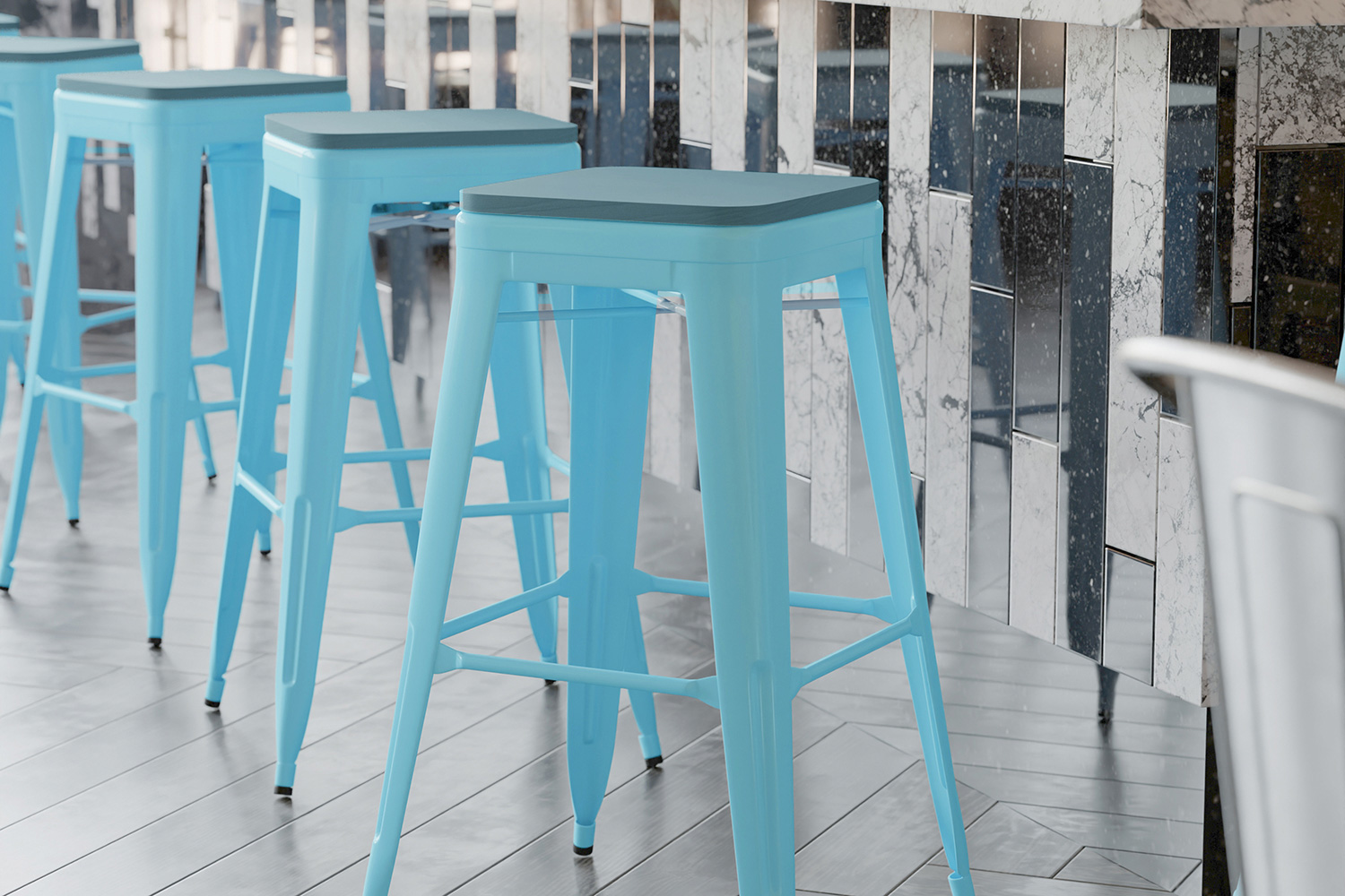 BLNK Cierra Commercial All-Weather Backless Indoor Bar Height Stools with Poly Resin Seats Set of 4 - Teal/Teal Blue