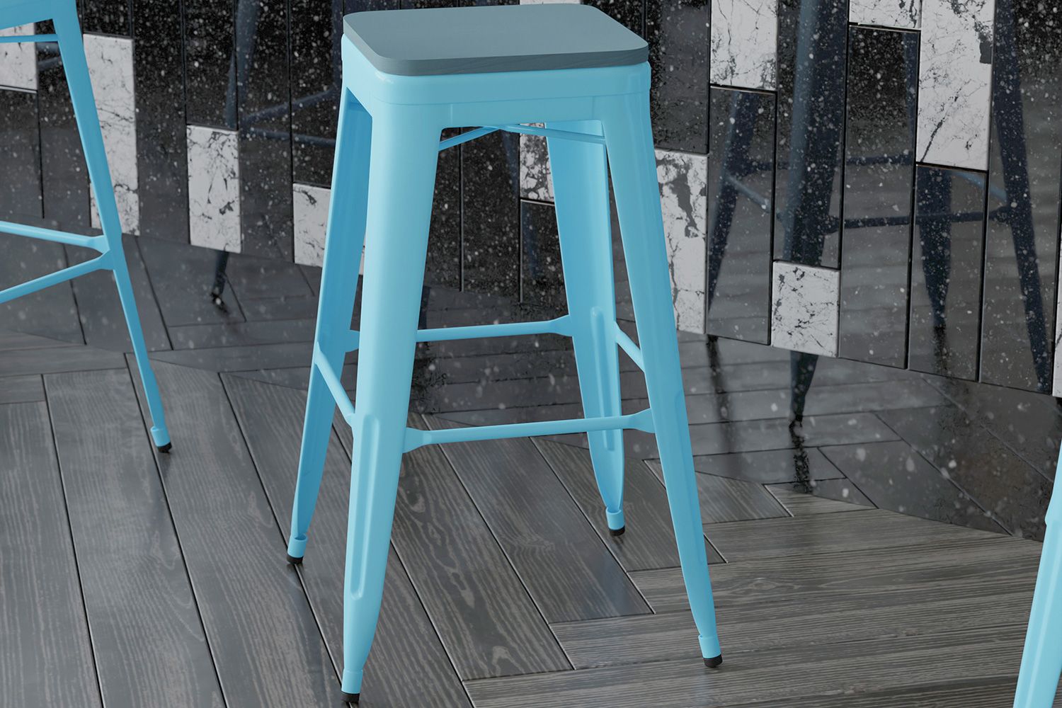 BLNK Cierra Commercial All-Weather Backless Indoor Bar Height Stools with Poly Resin Seats Set of 4 - Teal/Teal Blue