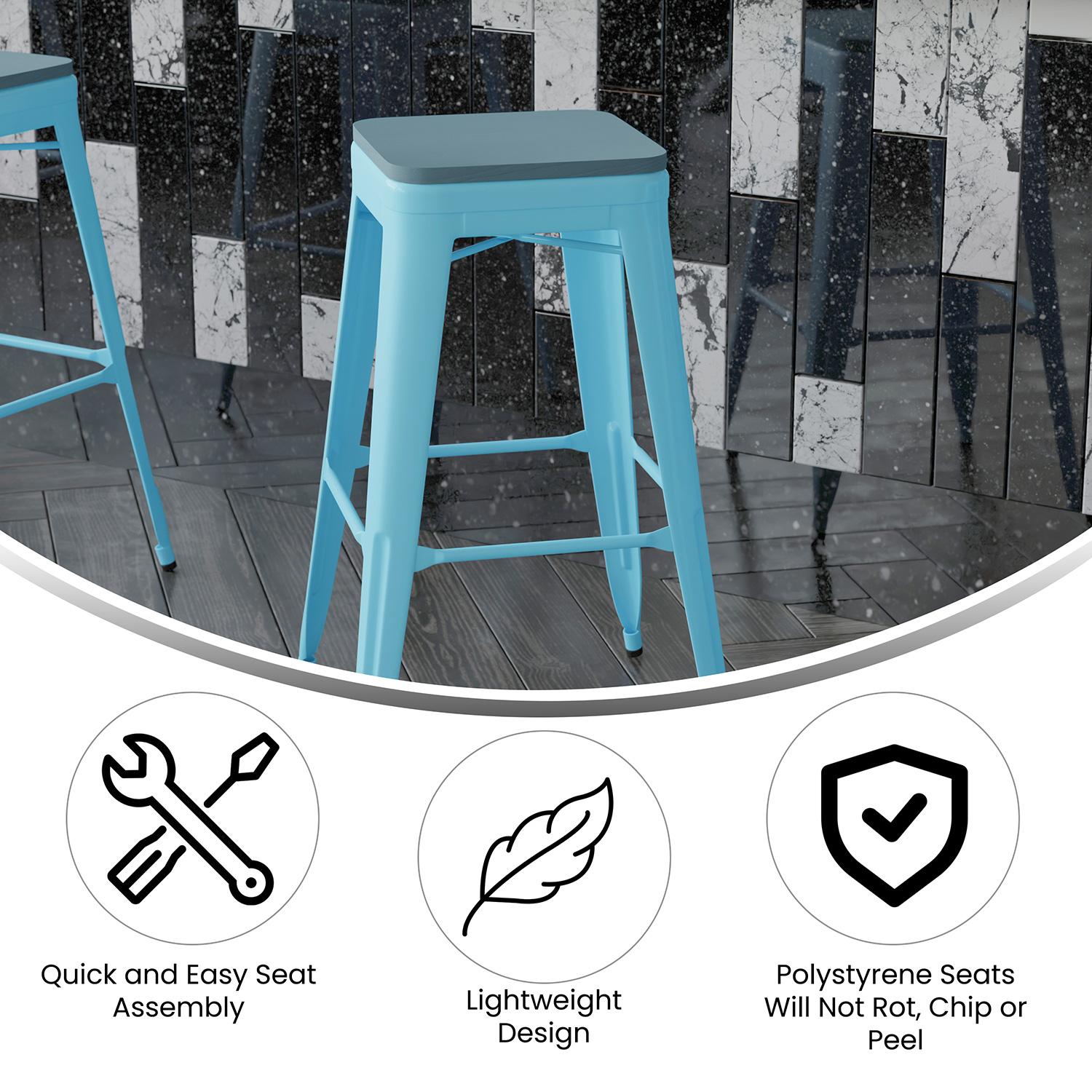 BLNK Cierra Commercial All-Weather Backless Indoor Bar Height Stools with Poly Resin Seats Set of 4 - Teal/Teal Blue