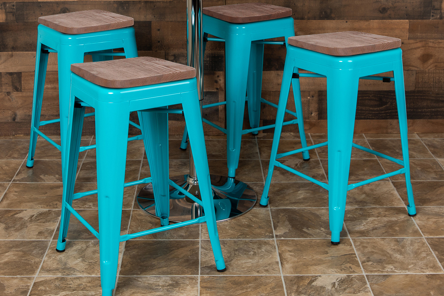 BLNK Cierra Metal Counter-Height Indoor Stackable Bar Stool with Wood Seat Set of 4