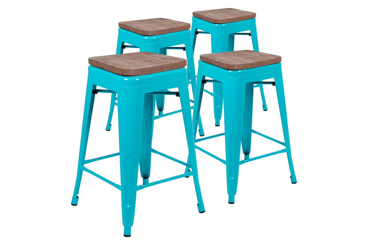 BLNK Cierra Metal Counter-Height Indoor Stackable Bar Stool with Wood Seat Set of 4 - Teal