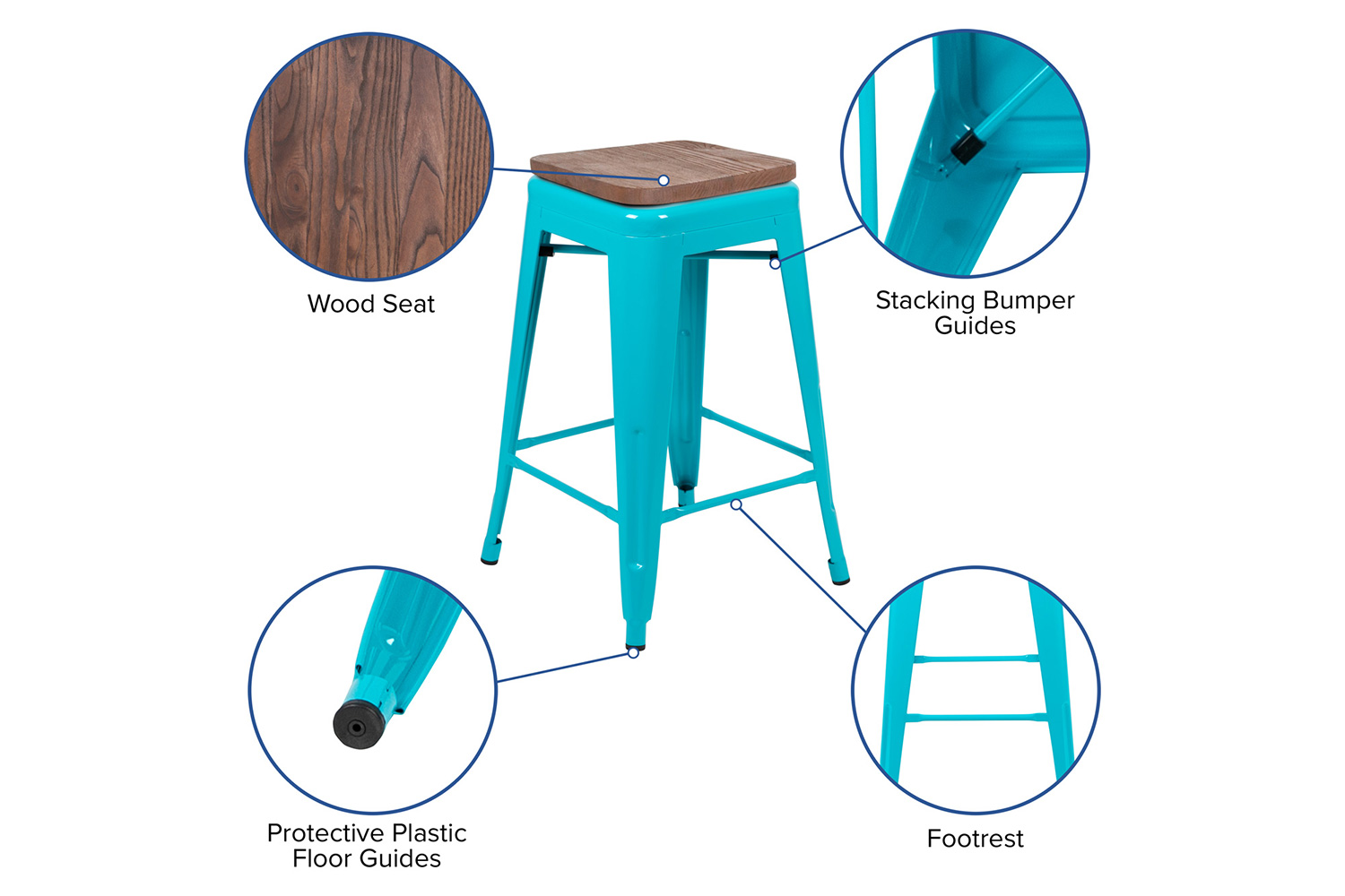 BLNK Cierra Metal Counter-Height Indoor Stackable Bar Stool with Wood Seat Set of 4 - Teal