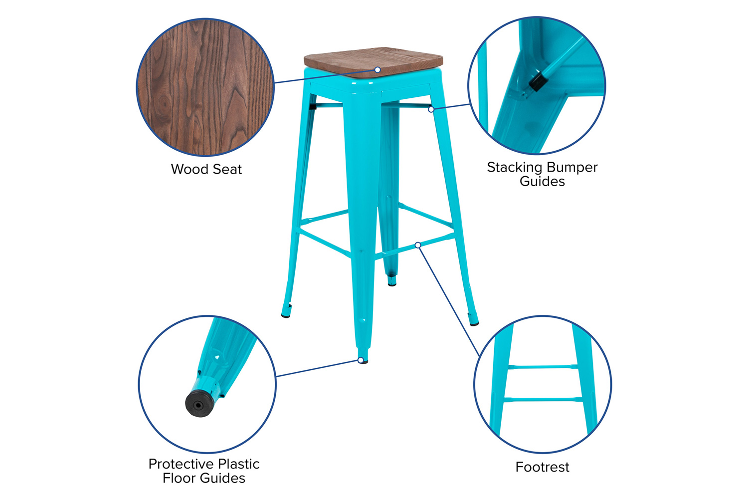 BLNK™ Cierra Metal Indoor Bar Stool with Wood Seat Set of 4 - Teal