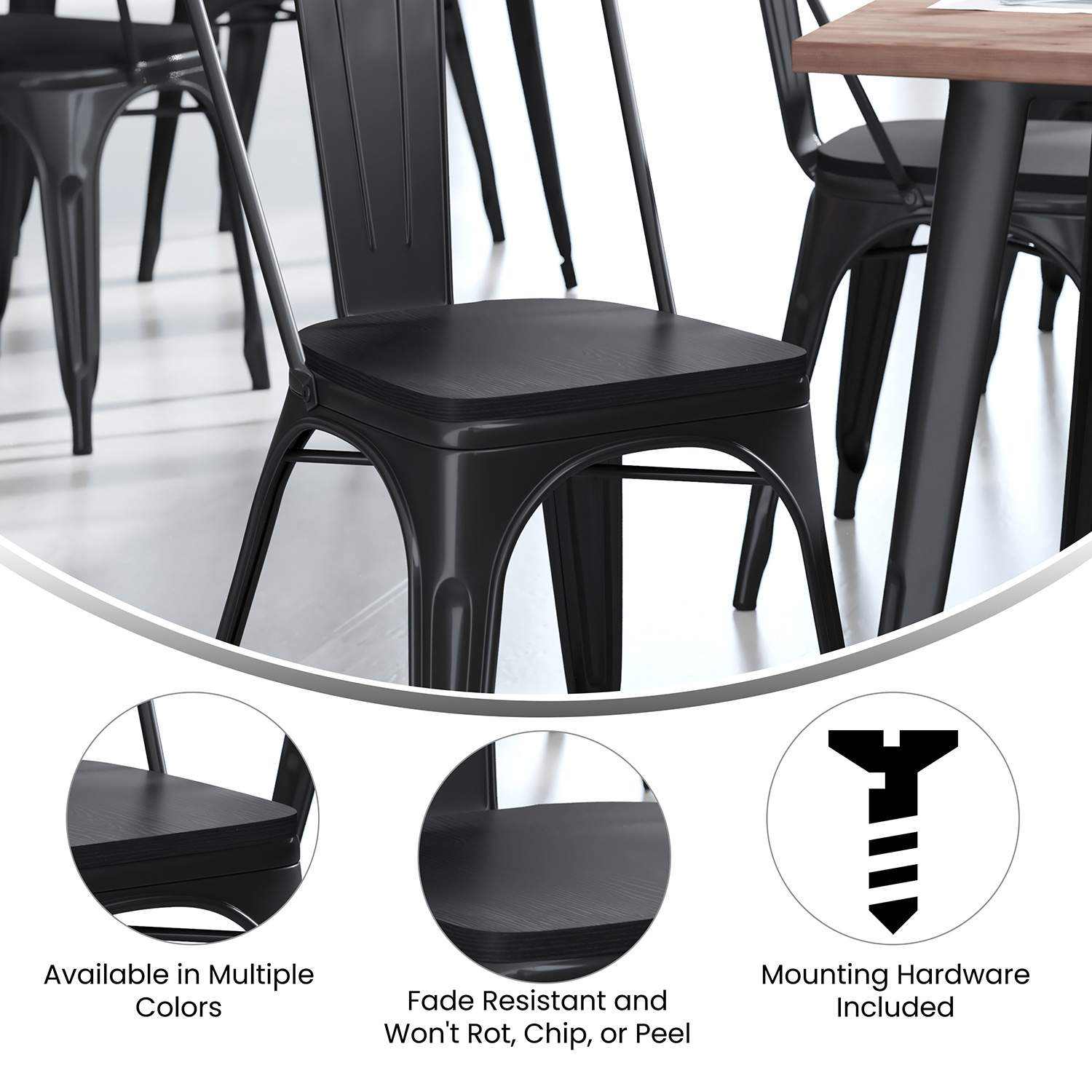 BLNK™ Perry Poly Resin Wood Seat with Rounded Edges for Colorful Metal Chairs and Stools Set of 4 - Black