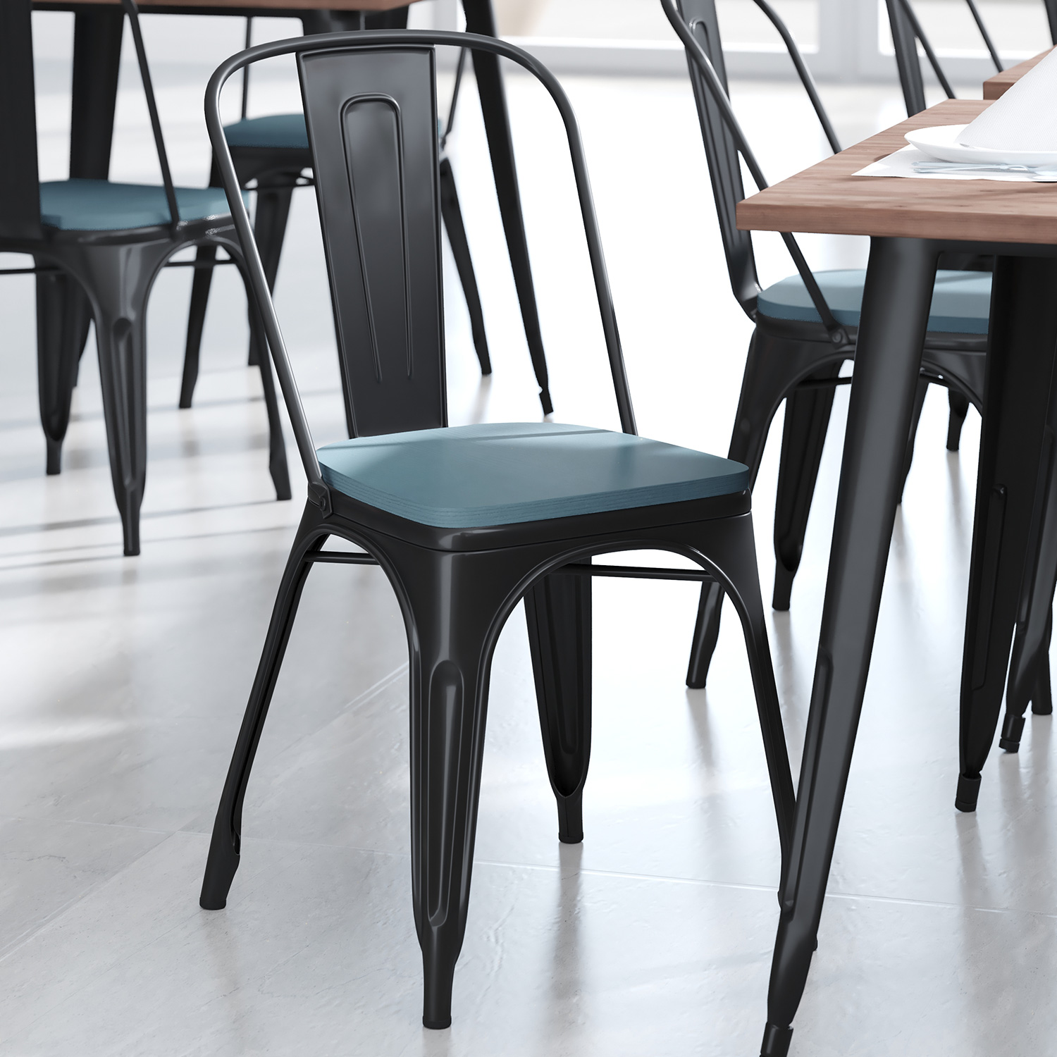 BLNK™ Perry Poly Resin Wood Seat with Rounded Edges for Colorful Metal Chairs and Stools Set of 4 - Teal/Blue