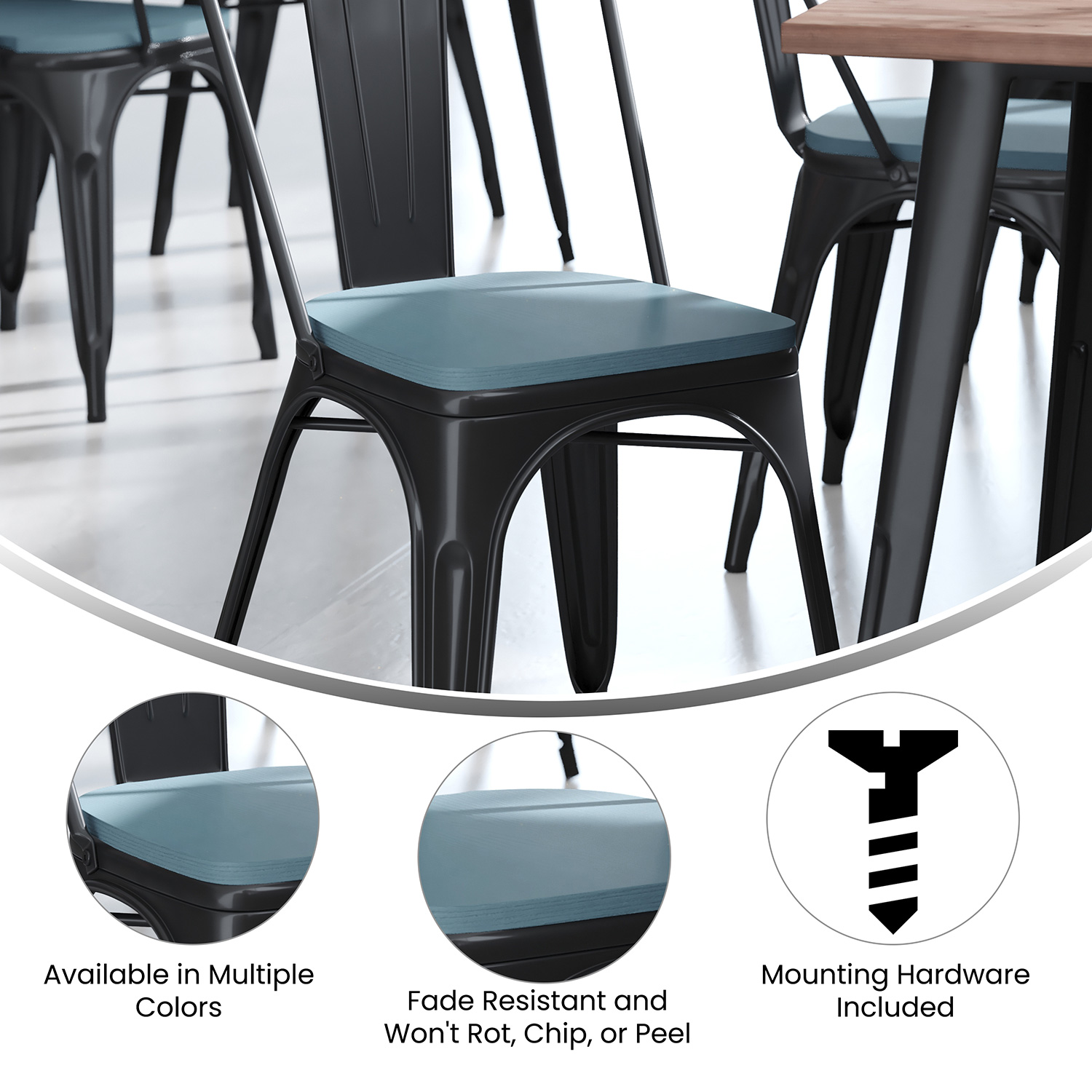 BLNK™ Perry Poly Resin Wood Seat with Rounded Edges for Colorful Metal Chairs and Stools Set of 4 - Teal/Blue