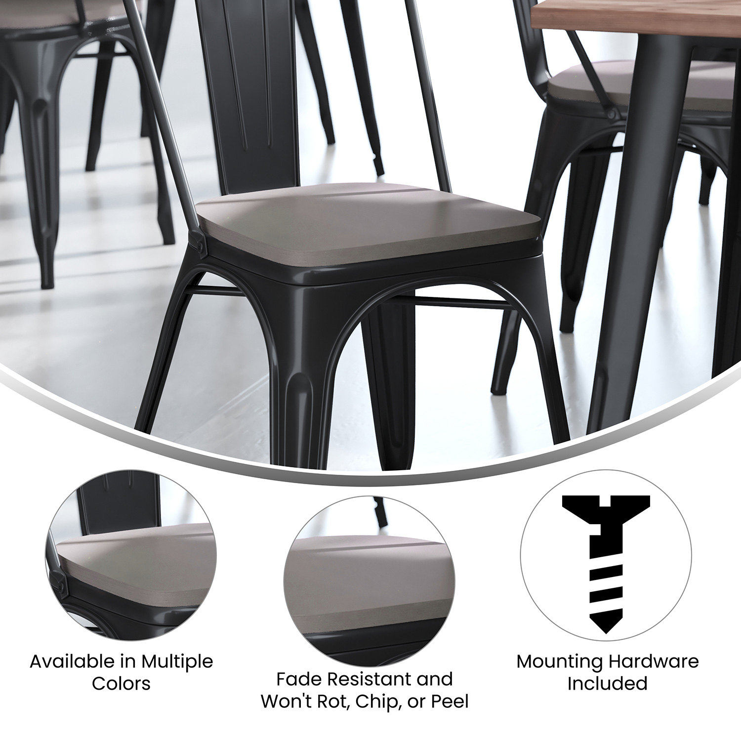 BLNK™ Perry Poly Resin Wood Seat with Rounded Edges for Colorful Metal Chairs and Stools Set of 4 - Gray