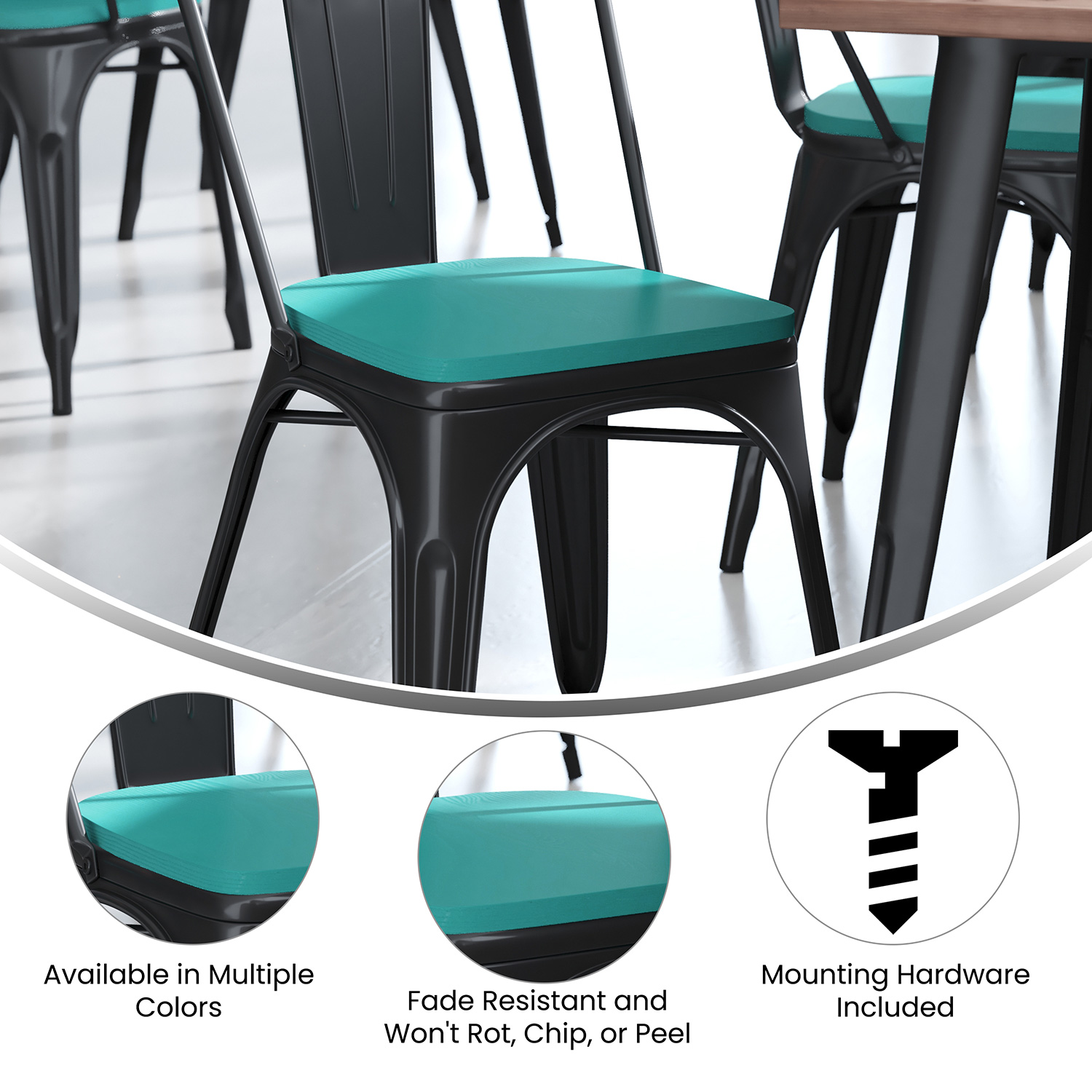 BLNK™ Perry Poly Resin Wood Seat with Rounded Edges for Colorful Metal Chairs and Stools Set of 4 - Mint