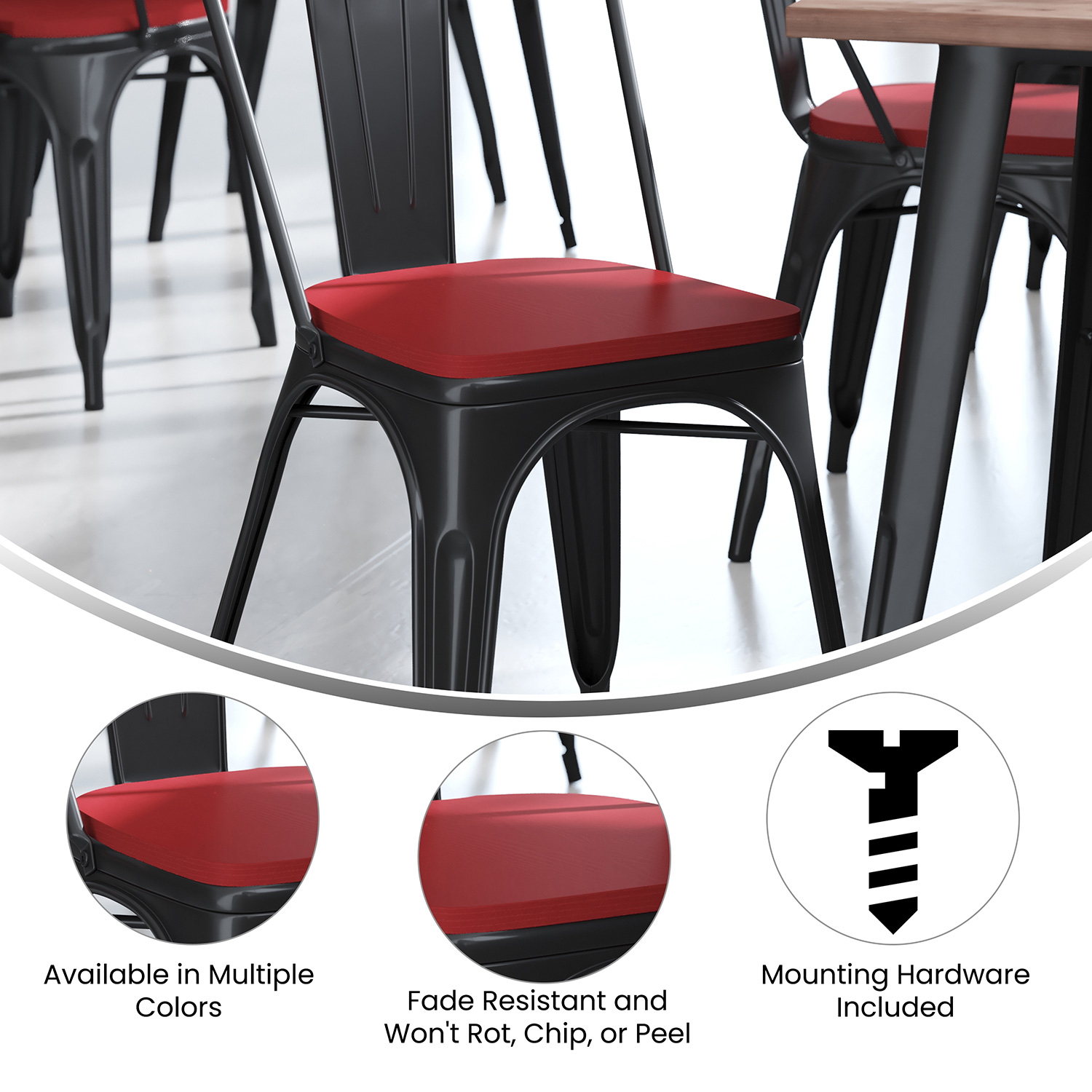 BLNK™ Perry Poly Resin Wood Seat with Rounded Edges for Colorful Metal Chairs and Stools Set of 4 - Red