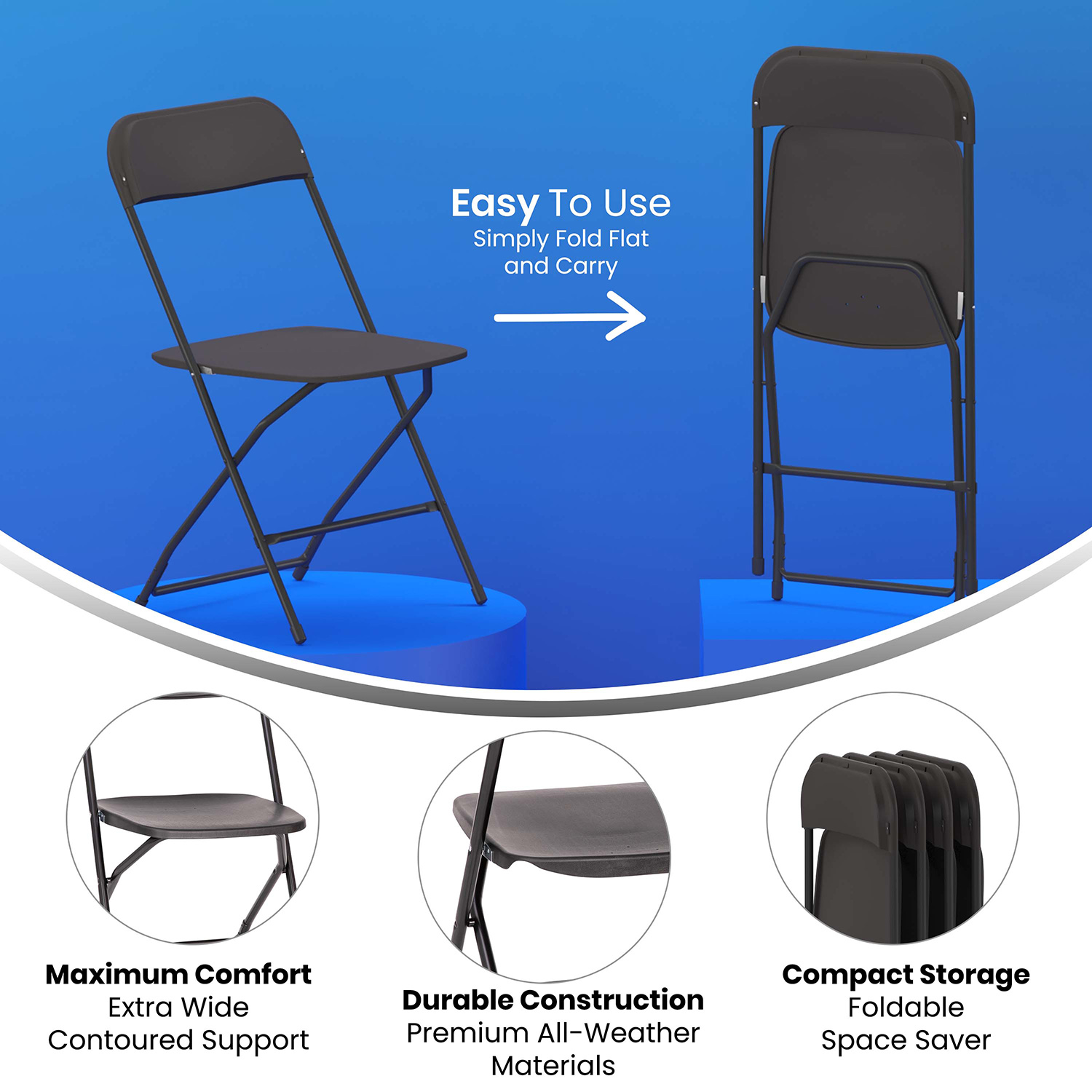 BLNK Hercules Big and Tall Commercial Folding Chair 4-Pack - Black