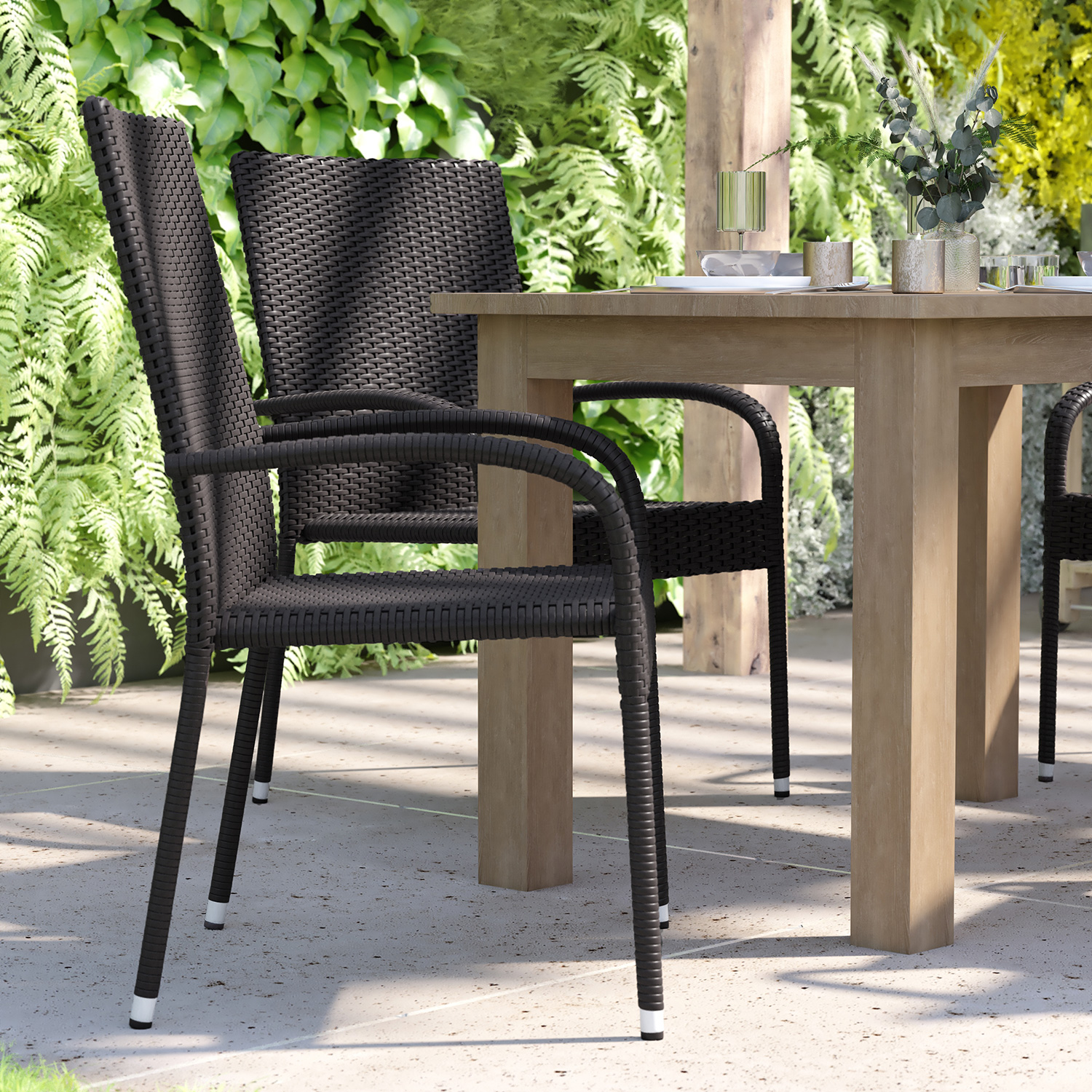 BLNK Maxim Stackable Indoor-Outdoor Wicker Dining Chairs with Arms Set of 4 - Black