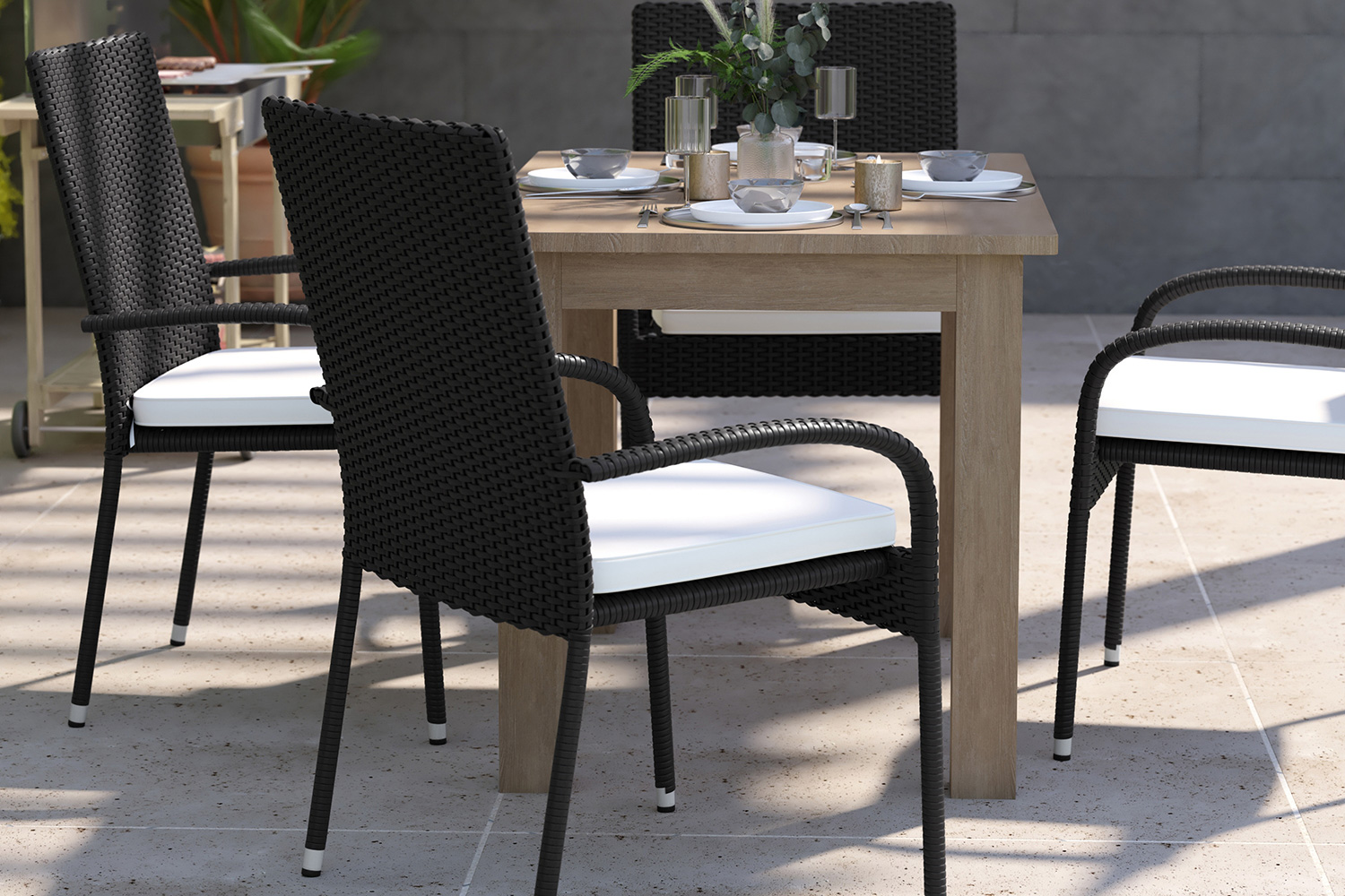 BLNK Maxim Stackable Indoor-Outdoor Wicker Dining Chairs with Cream Seat Cushions Set of 4 - Black