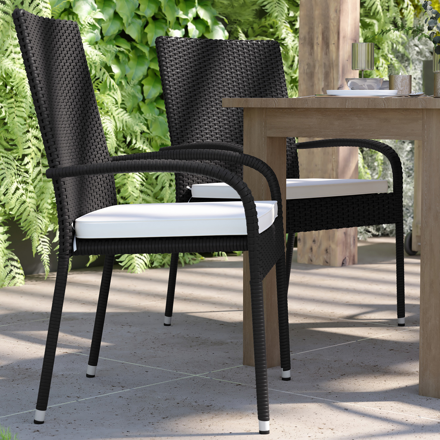 BLNK Maxim Stackable Indoor-Outdoor Wicker Dining Chairs with Cream Seat Cushions Set of 4 - Black