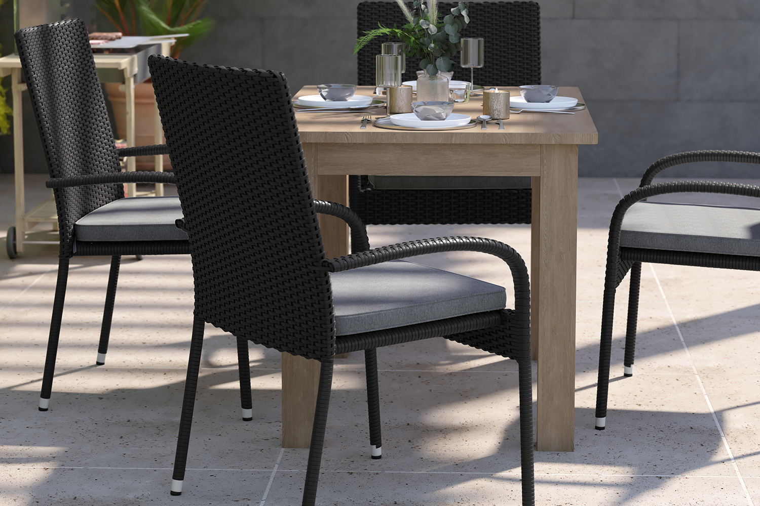 BLNK - Maxim Stackable Indoor-Outdoor Wicker Dining Chairs with Gray Seat Cushions Set of 4