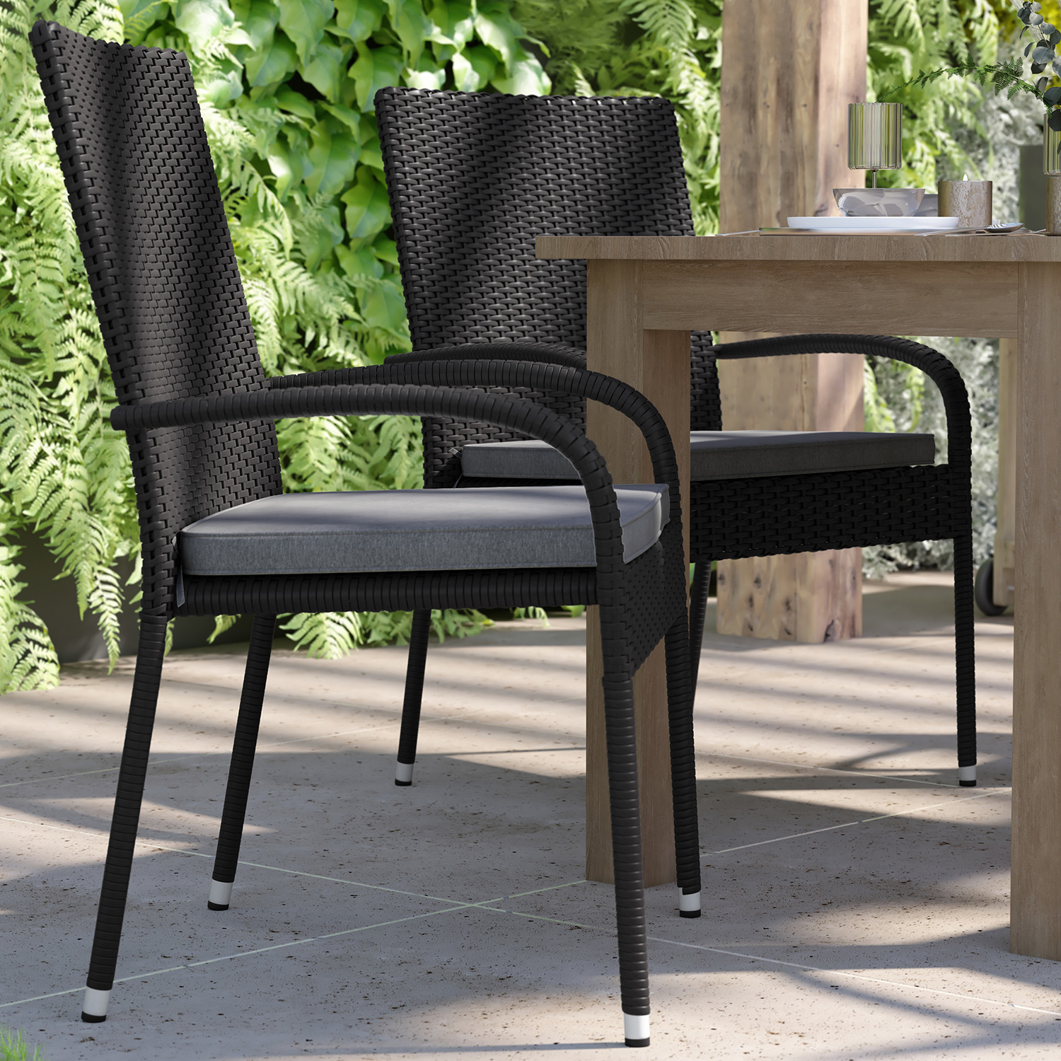 BLNK - Maxim Stackable Indoor-Outdoor Wicker Dining Chairs with Gray Seat Cushions Set of 4