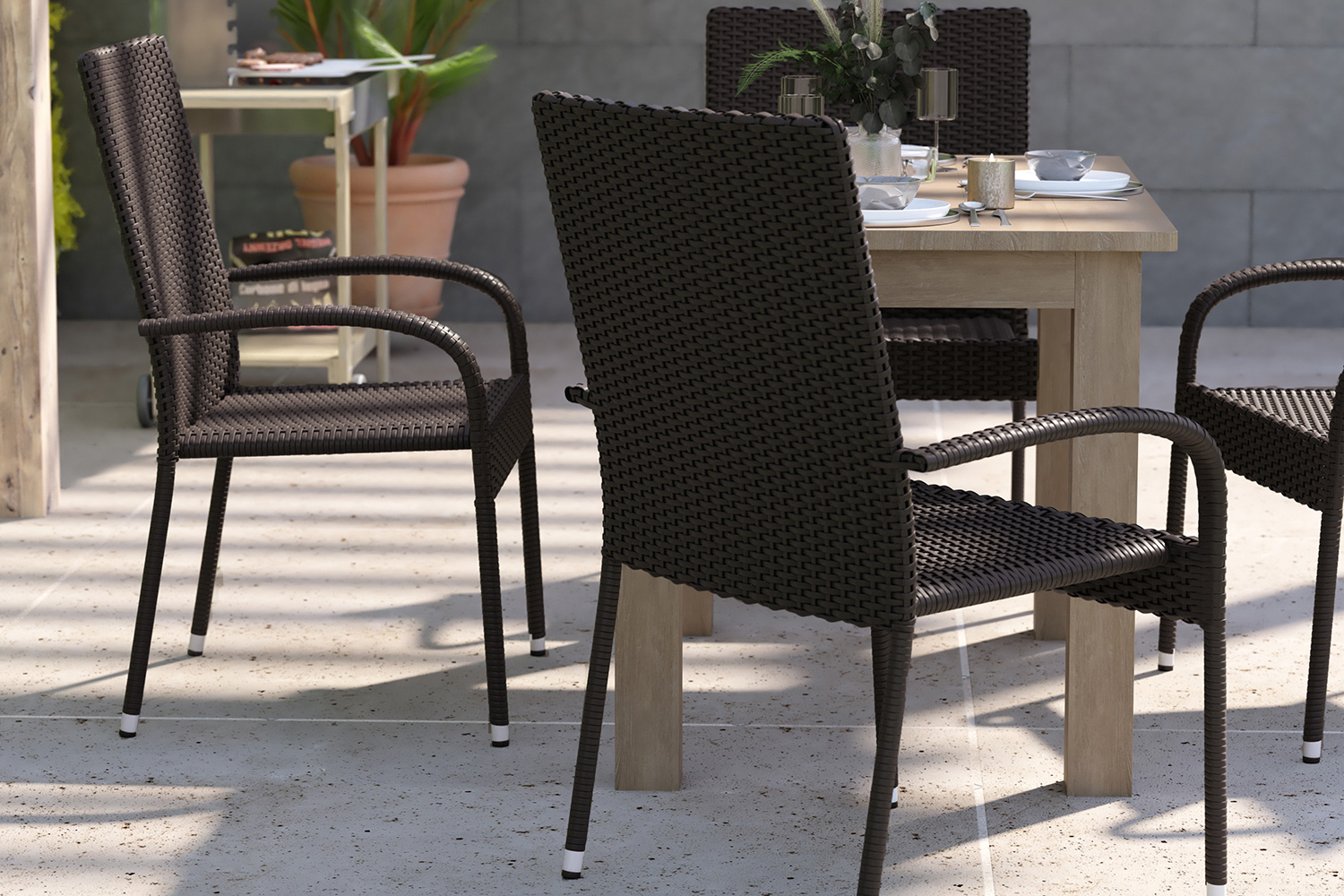 BLNK Maxim Stackable Indoor-Outdoor Wicker Dining Chairs with Arms Set of 4 - Espresso