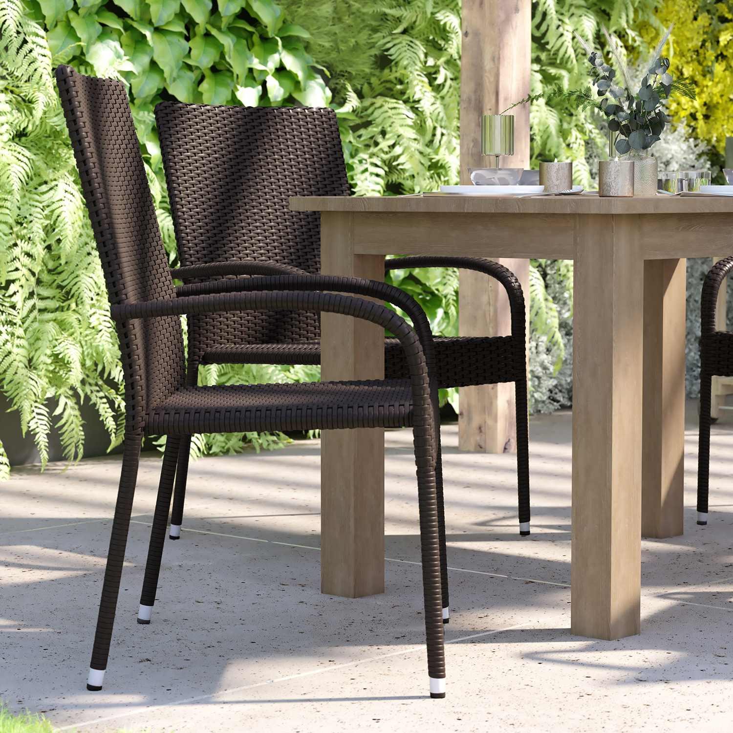 BLNK Maxim Stackable Indoor-Outdoor Wicker Dining Chairs with Arms Set of 4 - Espresso