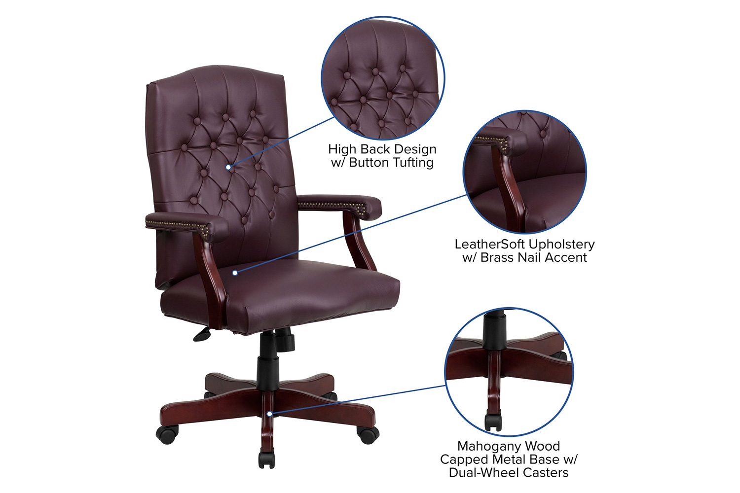 BLNK Martha Washington LeatherSoft Executive Swivel Office Chair with Arms - Burgundy