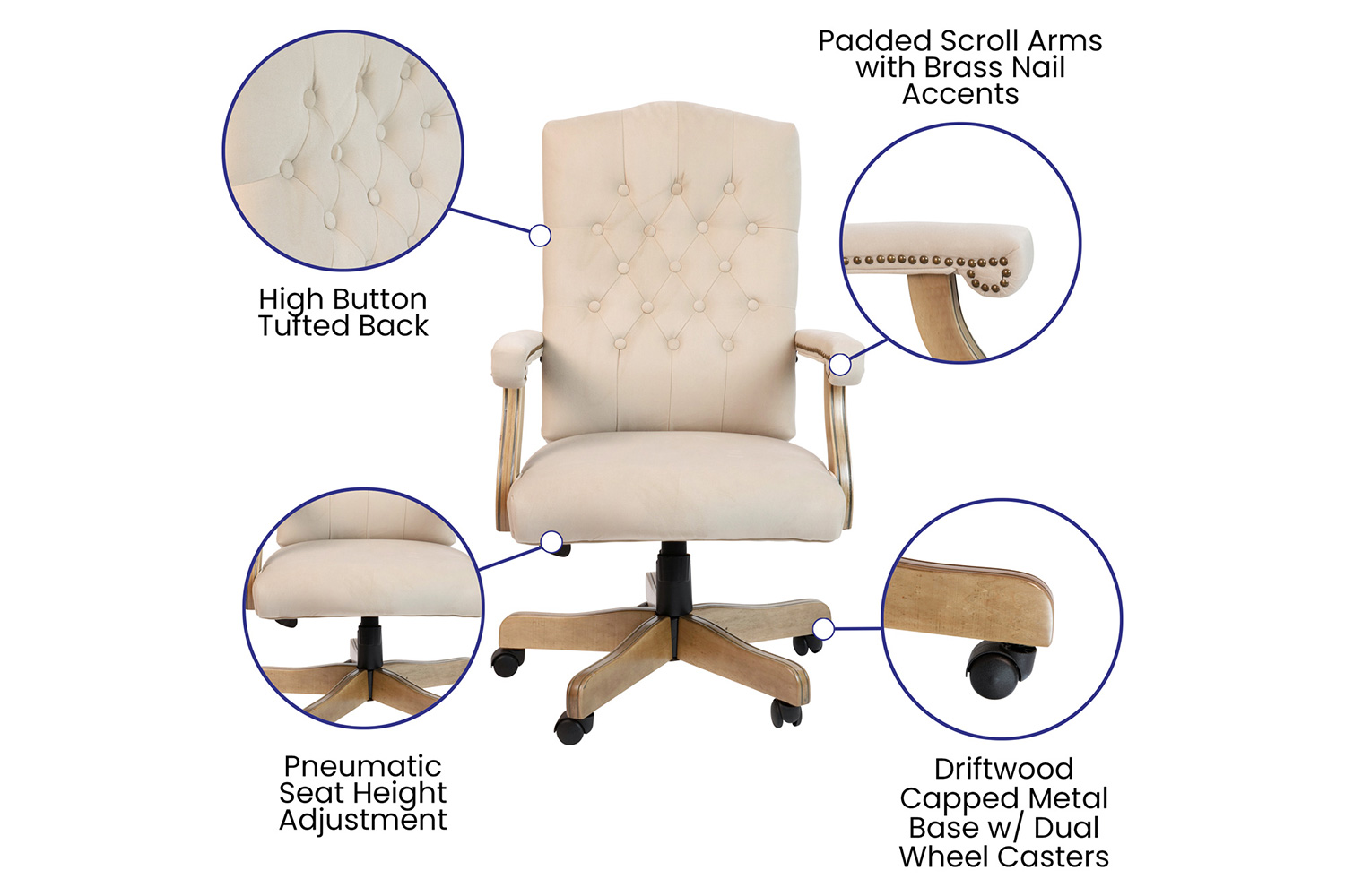 BLNK Derrick Classic Executive Swivel Office Chair with Driftwood Arms and Base - Ivory