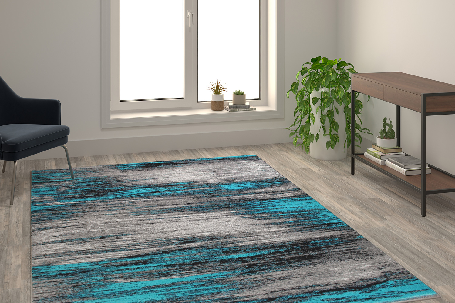 BLNK Rylan Collection Abstract Olefin Area Rug with Jute Backing - Turquoise, 6'W x 9'L