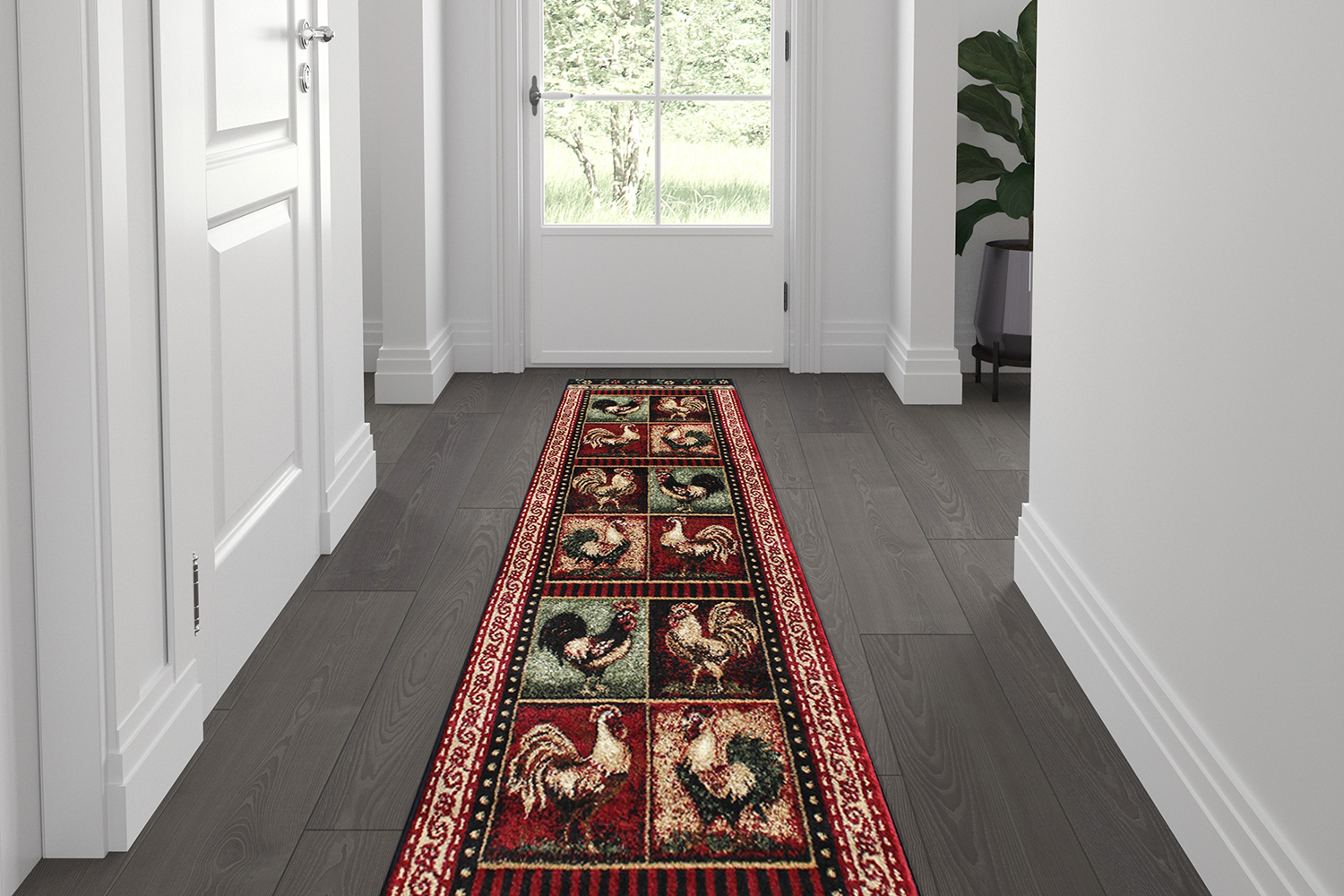 BLNK Gallus Collection Olefin Black Rooster Themed Area Rug with Jute Backing for Kitchen