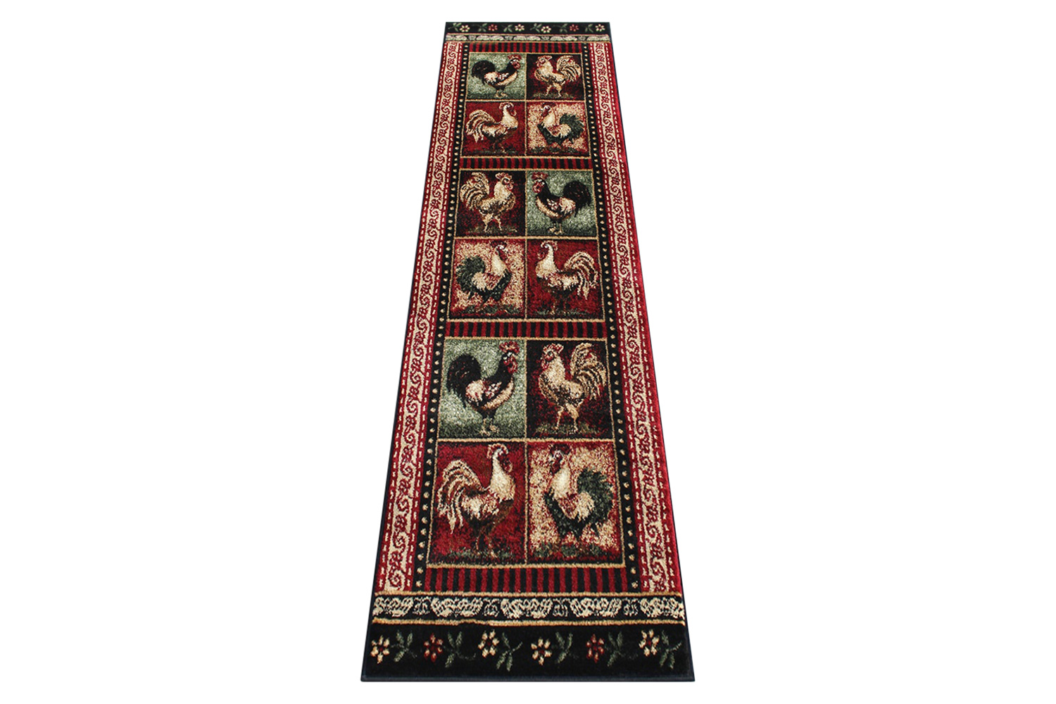 BLNK Gallus Collection Olefin Black Rooster Themed Area Rug with Jute Backing for Kitchen - 2'W x 7'L