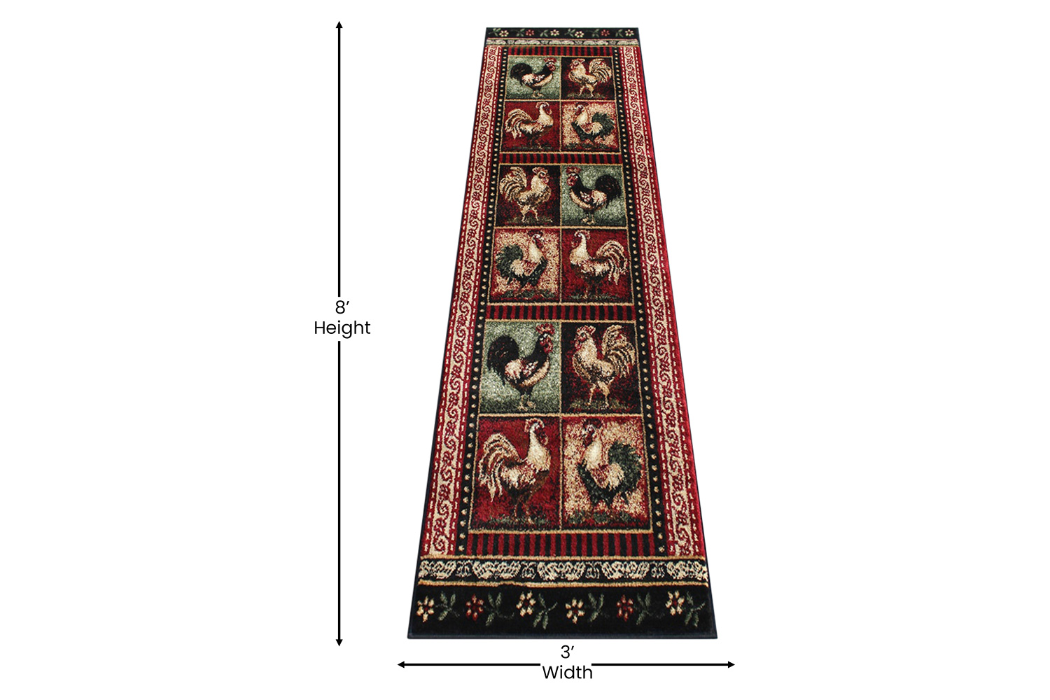 BLNK Gallus Collection Olefin Black Rooster Themed Area Rug with Jute Backing for Kitchen - 2'W x 7'L