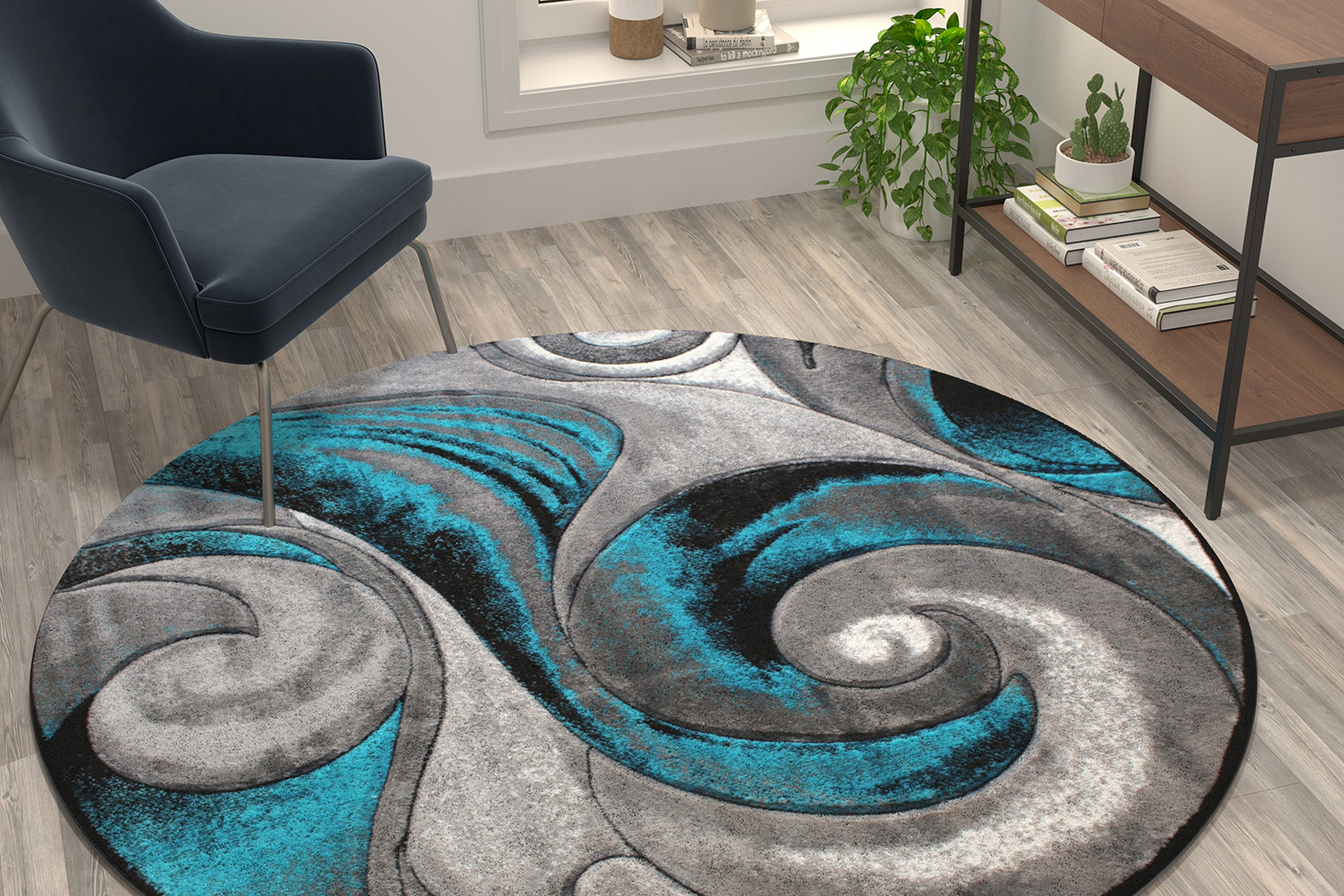 BLNK Tellus Collection Round Olefin Ocean Waves Pattern Area Rug with Jute Backing - Turquoise, 6'W x 6'L