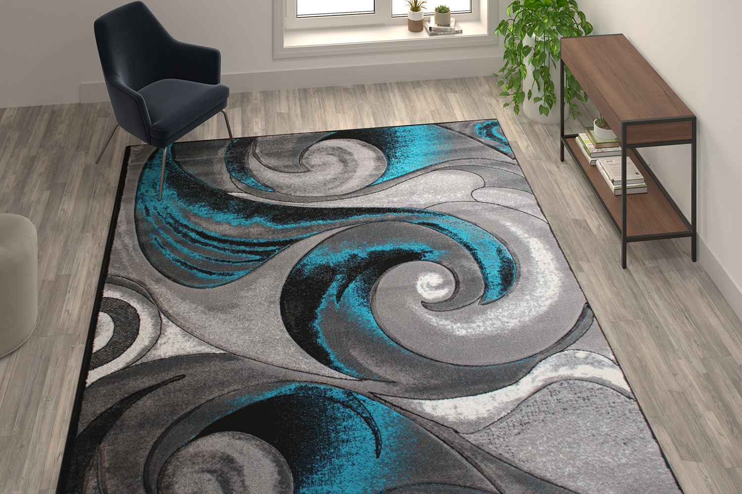 BLNK Tellus Collection Olefin Ocean Waves Pattern Area Rug with Jute Backing