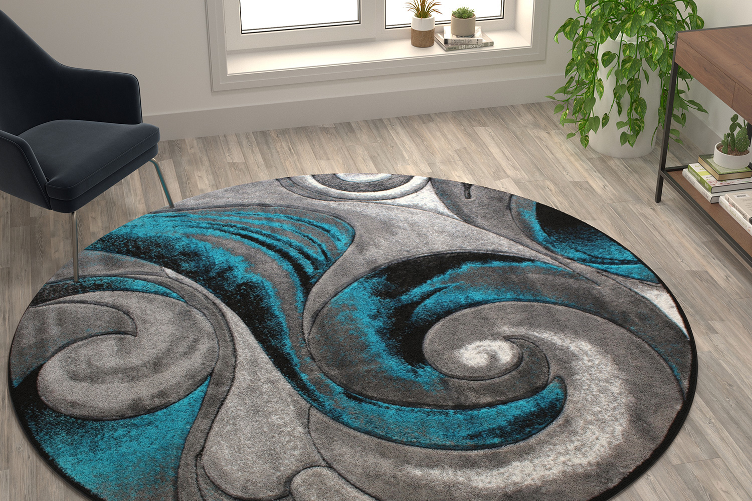 BLNK Tellus Collection Round Olefin Ocean Waves Pattern Area Rug with Jute Backing