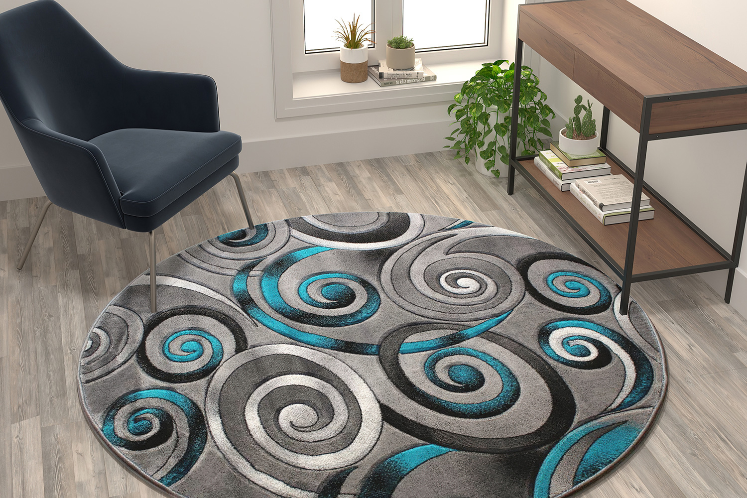 BLNK Masie Collection Round Olefin Swirl Area Rug with Jute Backing