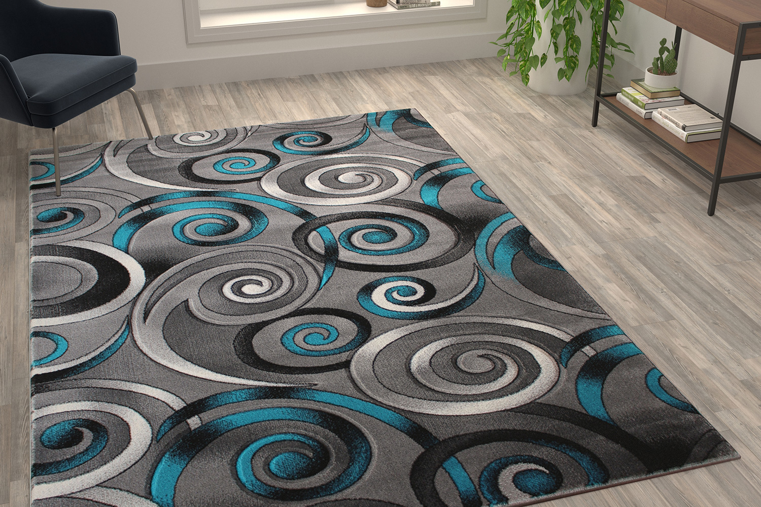 BLNK Masie Collection Olefin Swirl Area Rug with Jute Backing - Turquoise, 6'W x 9'L