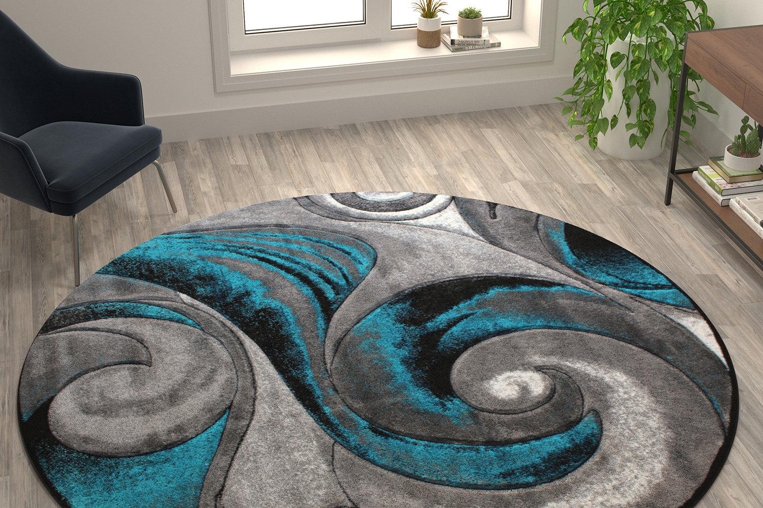 BLNK Masie Collection Round Olefin Swirl Area Rug with Jute Backing - Turquoise, 8'W x 8'L