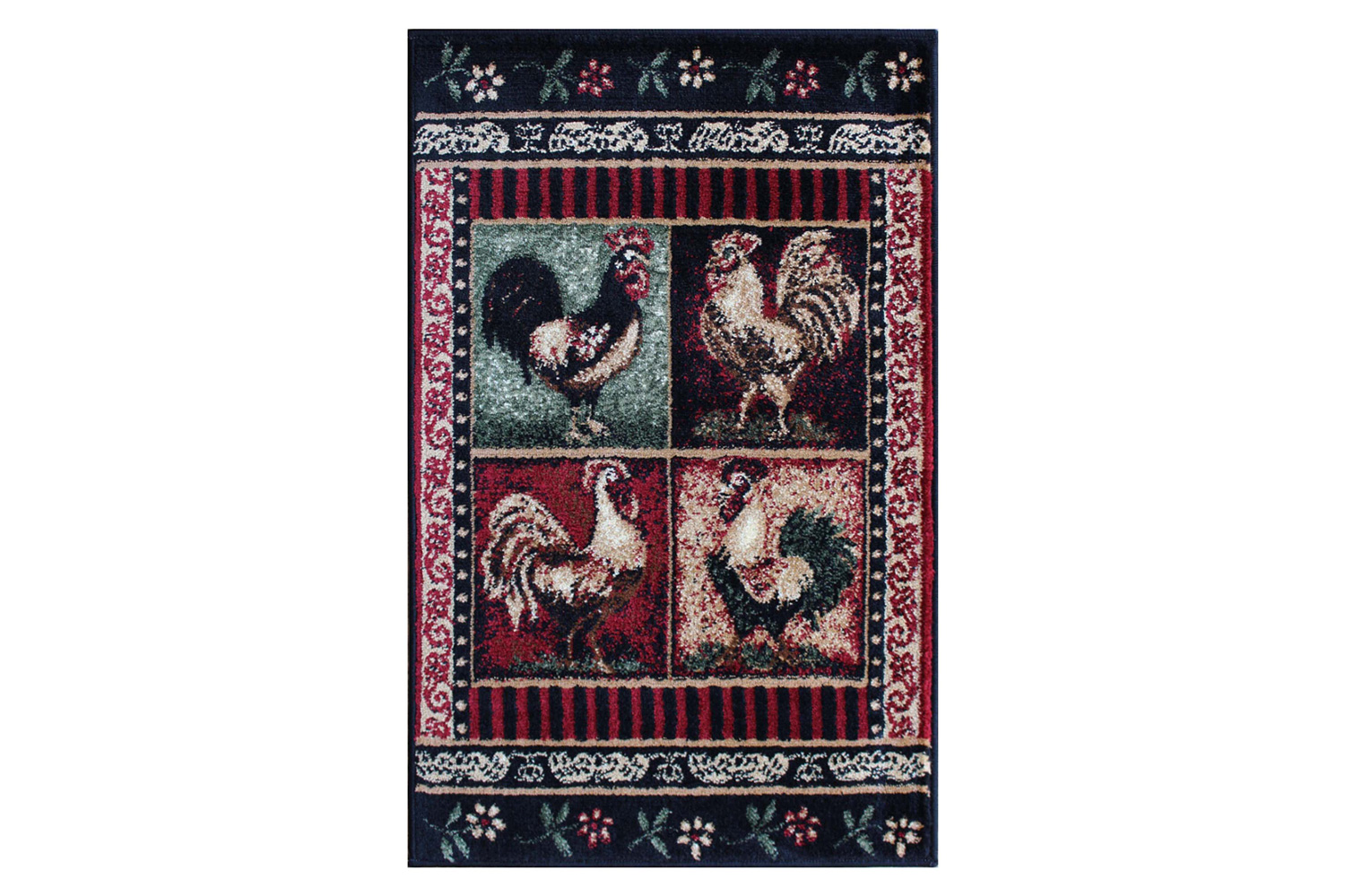 BLNK Gallus Collection Olefin Black Rooster Themed Area Rug with Jute Backing for Kitchen - 2'W x 3'L