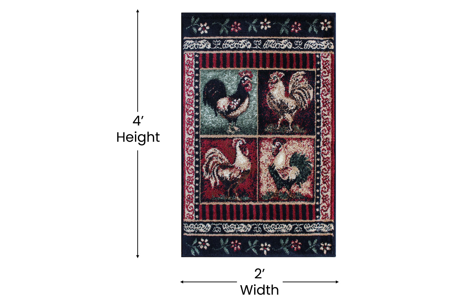 BLNK Gallus Collection Olefin Black Rooster Themed Area Rug with Jute Backing for Kitchen - 2'W x 3'L