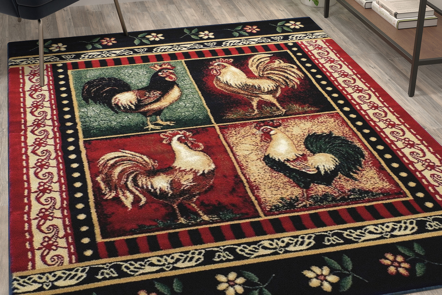 BLNK Gallus Collection Olefin Rooster Themed Area Rug with Jute Backing for Kitchen - Red, 5'W x 7'L